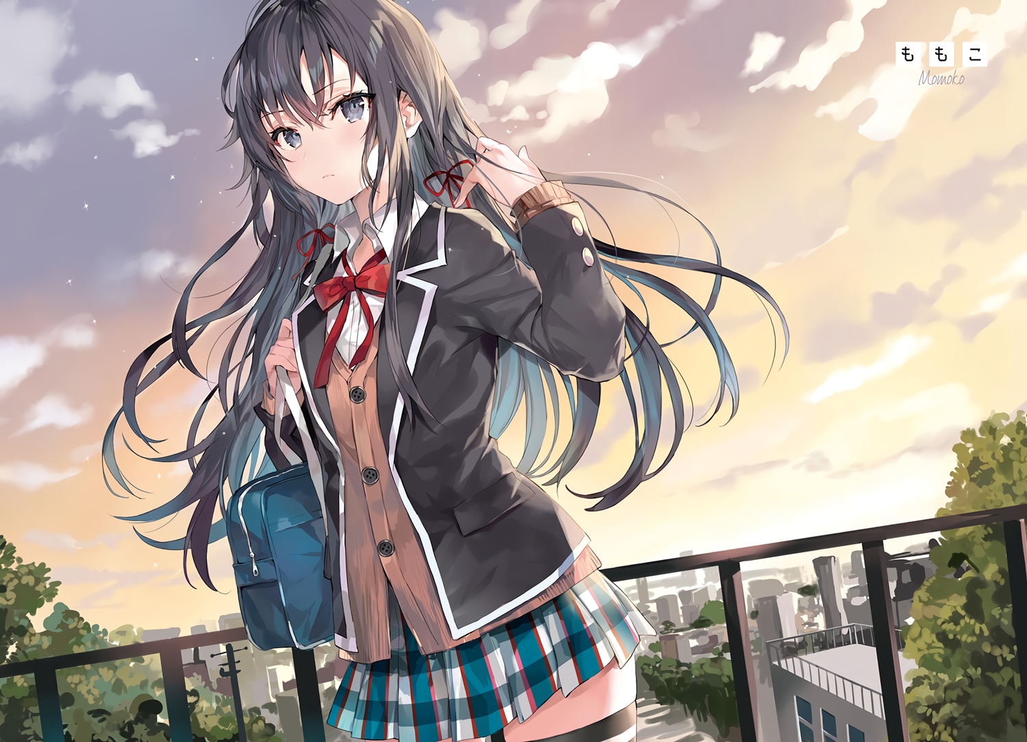 black_eyes, black_hair, blush, bow, building, clouds, long_hair, momoko_(momopoco)