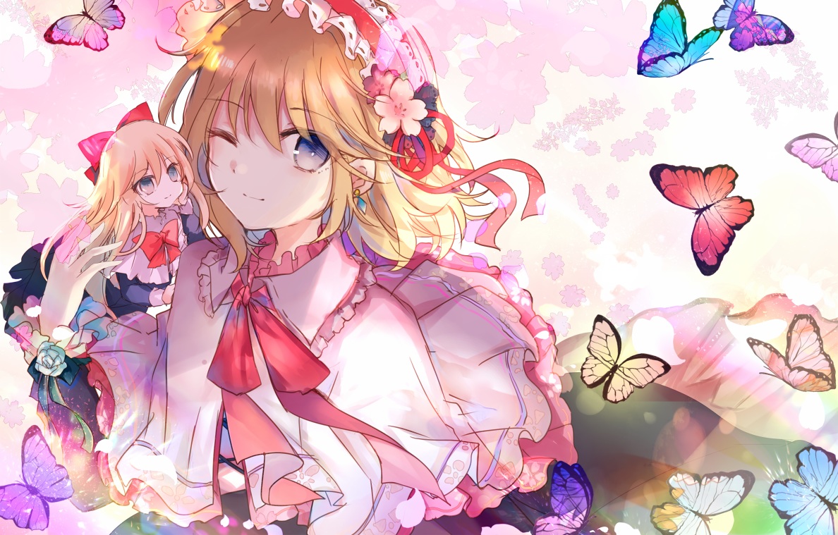 2girls, alice_margatroid, blonde_hair, butterfly, doll, kazu_(muchuukai), long_hair, shanghai_doll