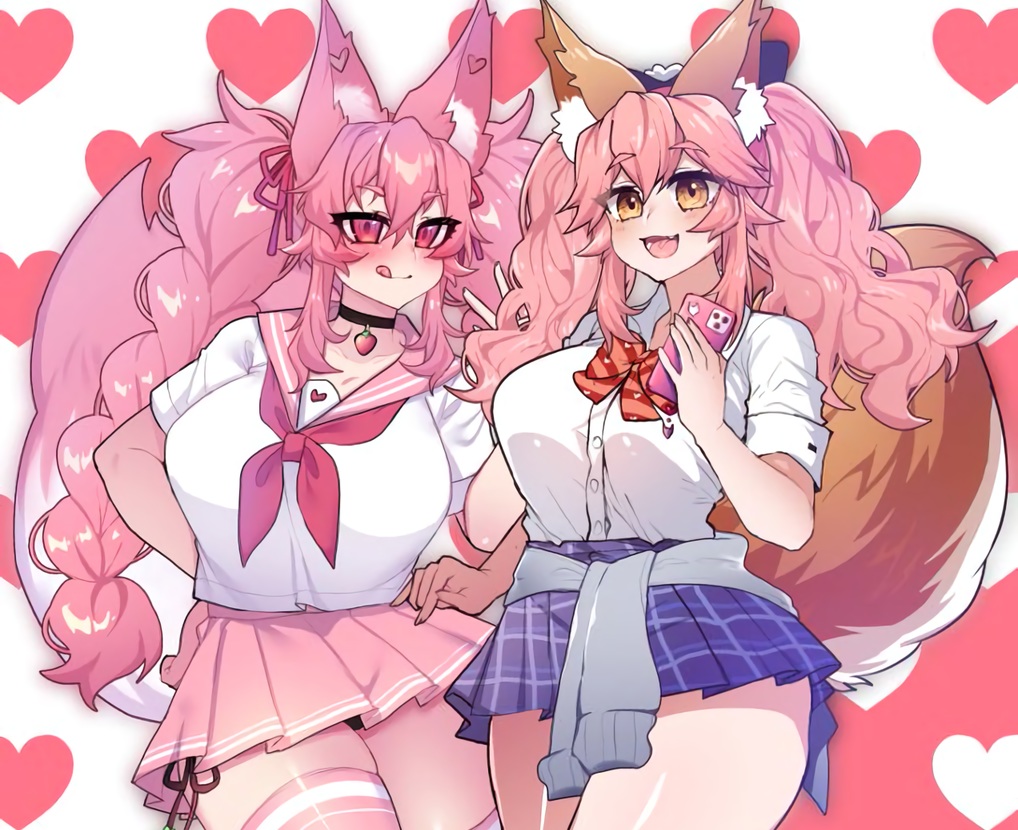 2girls, animal_ears, braids, brown_eyes, choker, cropped, fang, fate/grand_order
