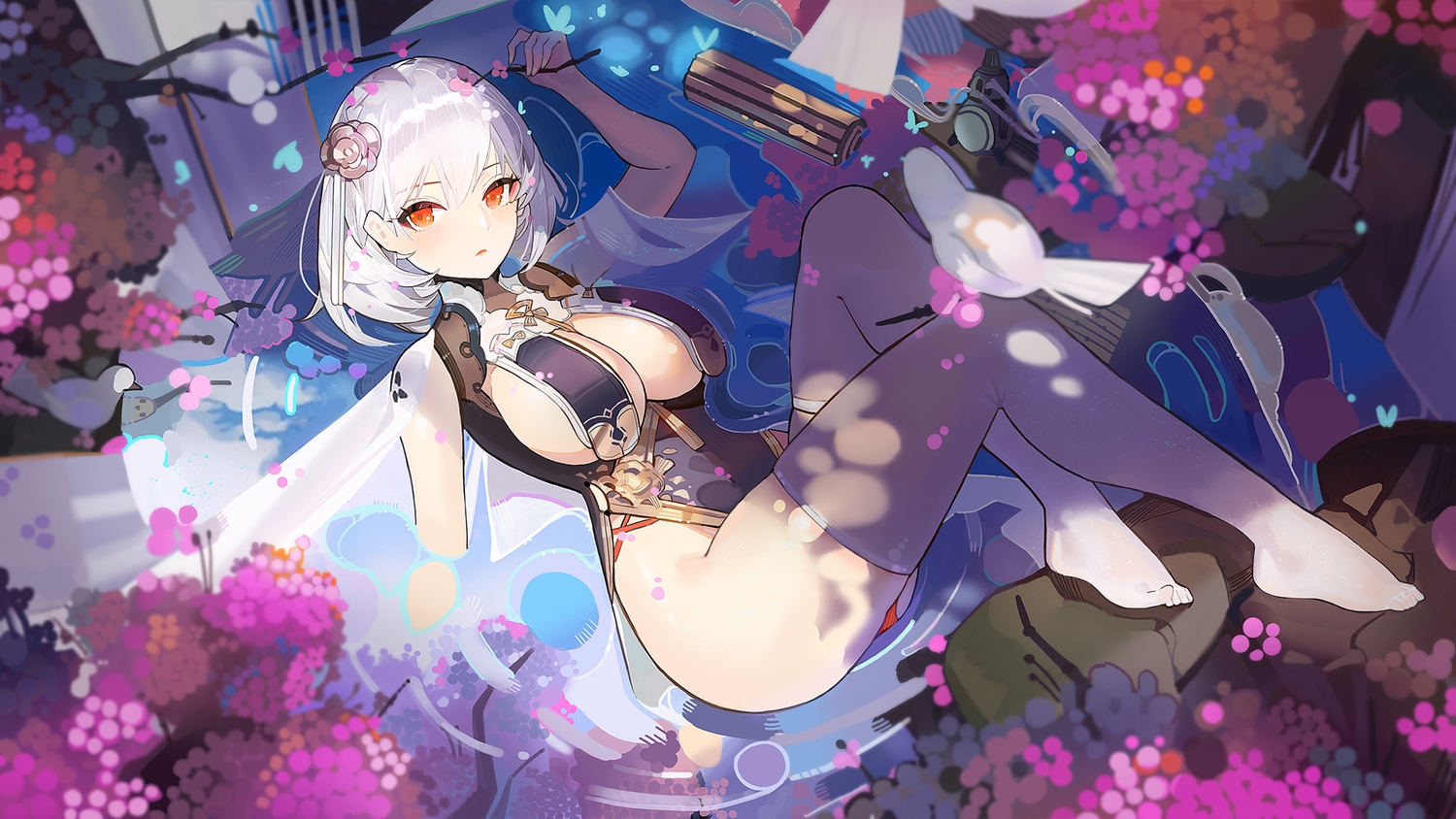 animal, anthropomorphism, azur_lane, bird, chinese_clothes, chinese_dress, dress, flowers, nopan, orange_eyes, plumw, short_hair, sirius_(azur_lane), thighhighs, water, white_hair