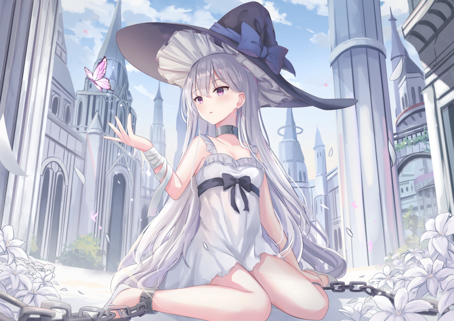 bandage, blush, bondage, bow, building, butterfly, chain, clouds, collar, dress, flowers, gray_hair, hat, long_hair, original, purple_eyes, shackles, sky, summer_dress, touhourh, witch_hat