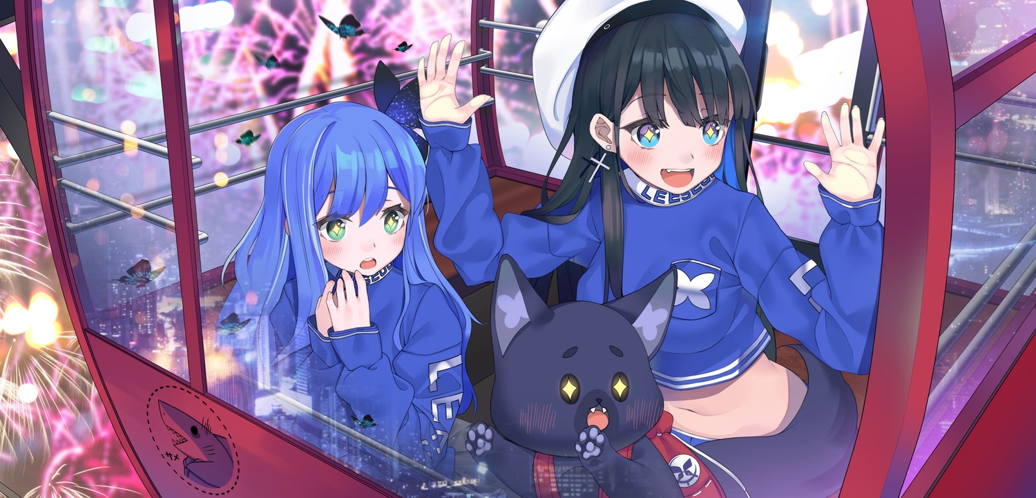 2girls, aqua_eyes, fang, fireworks, long_hair, original, slumcat