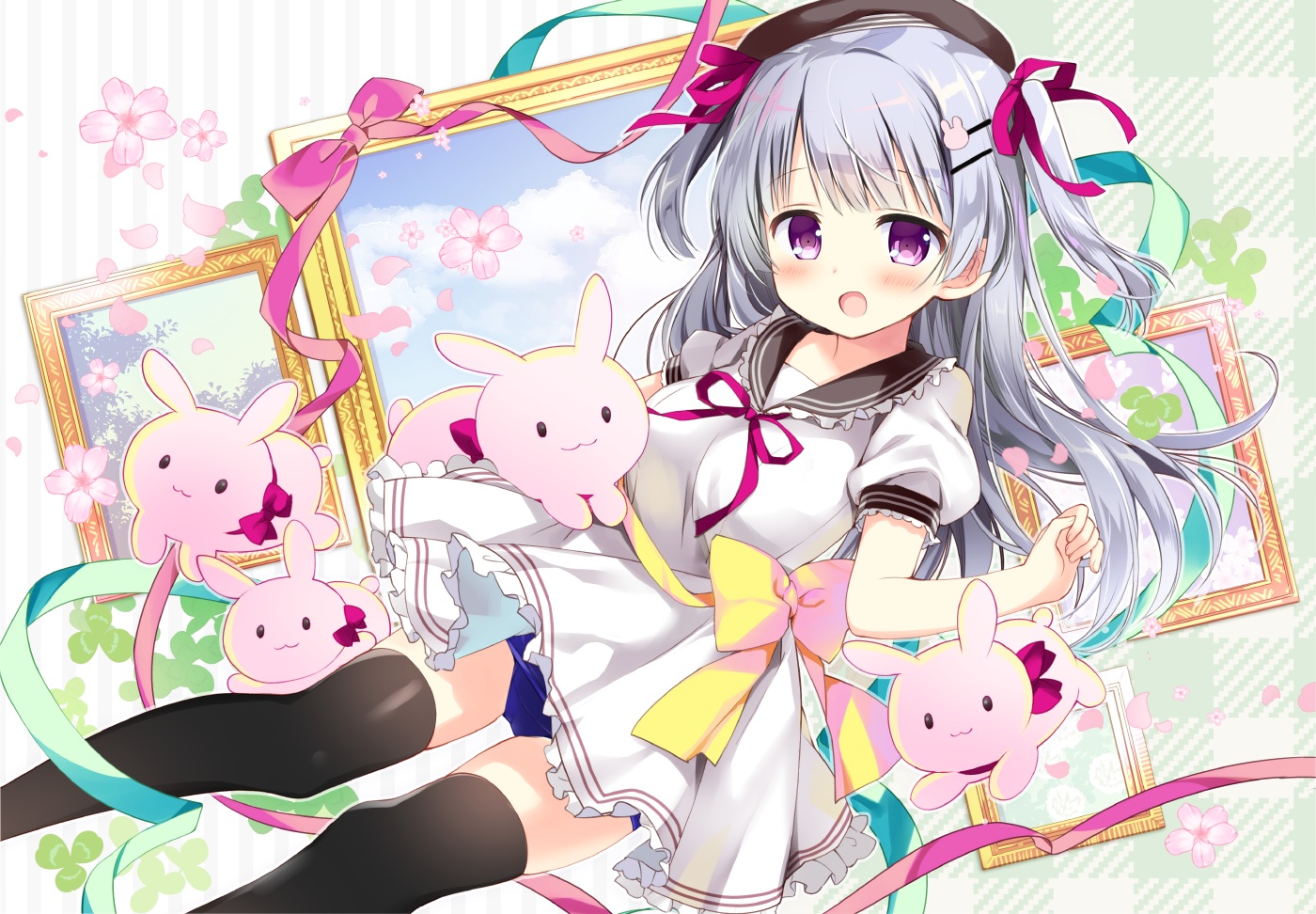 aliasing, blush, bow, bunny, cameltoe, dress, gray_hair, hat