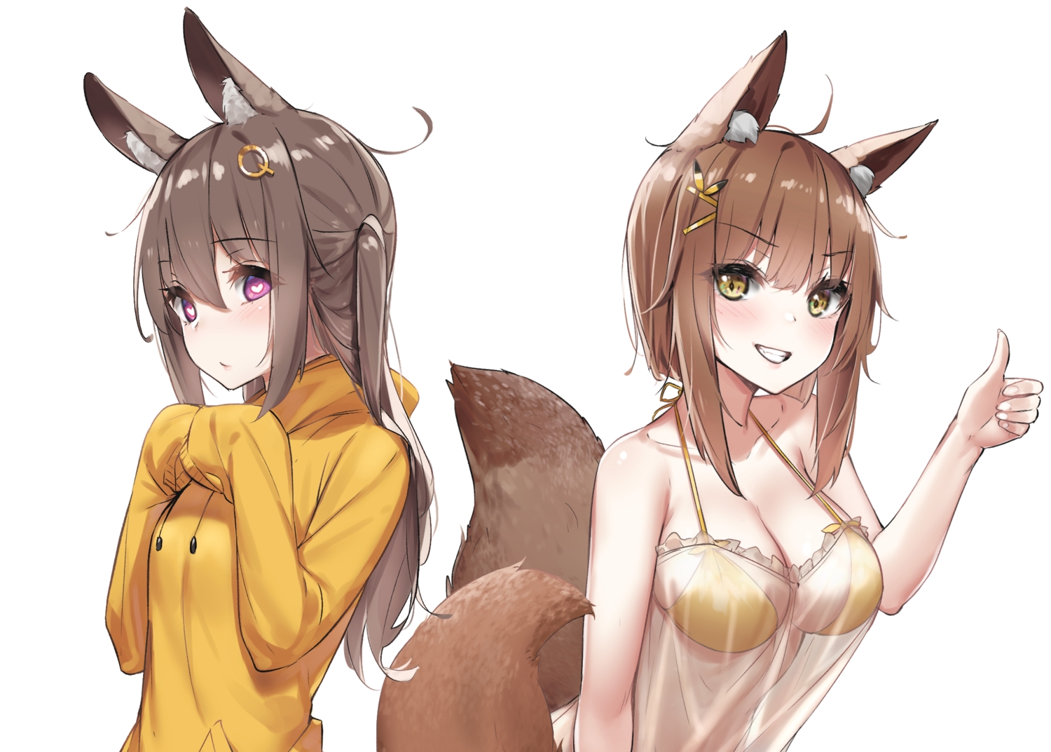 2girls, animal_ears, breasts, brown_hair, cleavage, foxgirl, hood, long_hair