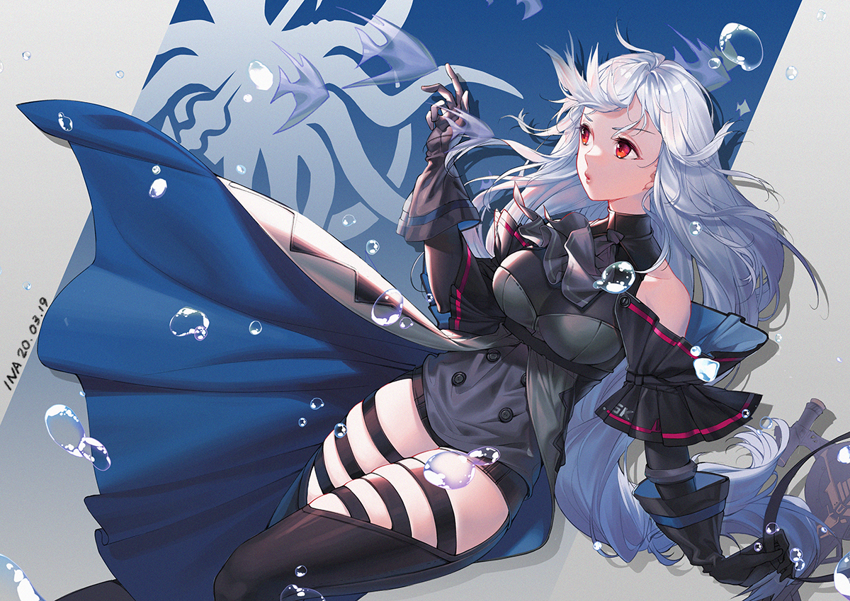 arknights, bubbles, gloves, long_hair, red_eyes, signed, skadi_(arknights), white_hair, xxinainaxx