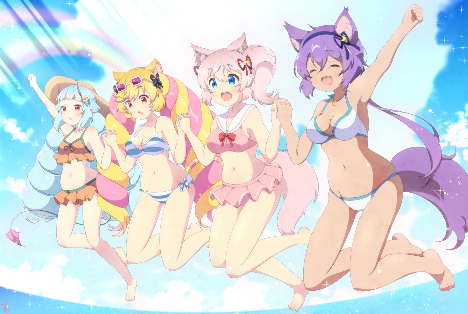 animal_ears, aosora_neko, beach, bikini, catgirl, delmin_(show_by_rock!!), foxgirl, hat, horns, howan_(show_by_rock!!), mashima_himeko_(show_by_rock!!), ruhuyu_(show_by_rock!!), show_by_rock!!, swimsuit, tail