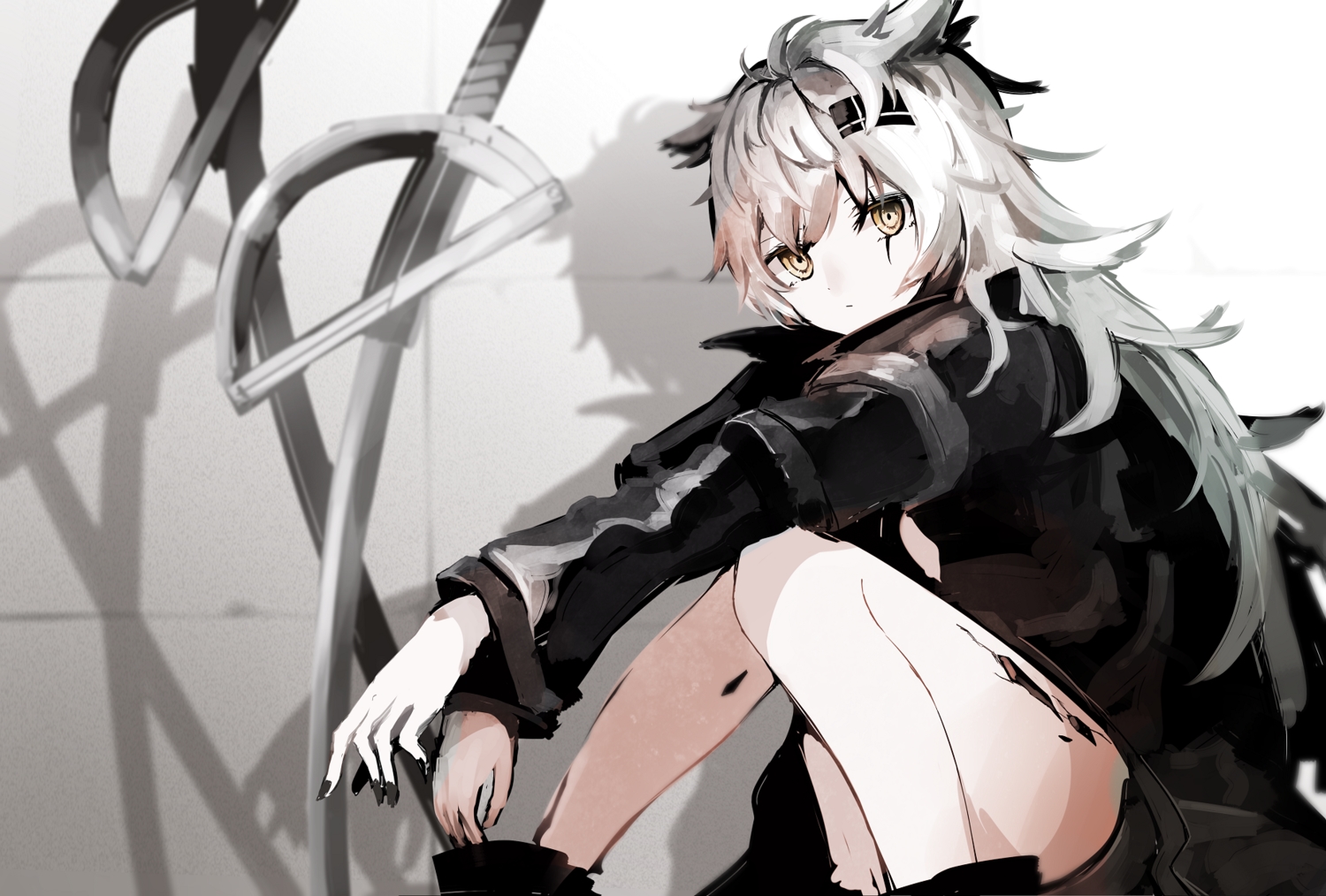 aa_(sin2324), animal_ears, arknights, brown_eyes, gray_hair, lappland_(arknights), long_hair, polychromatic