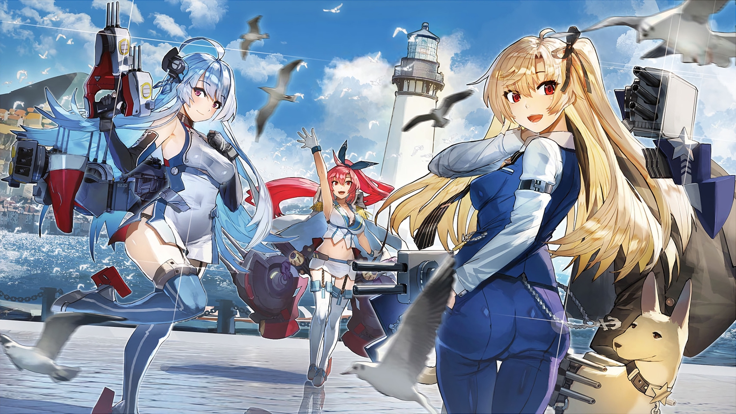 animal, anthropomorphism, aoki_(miharuu), ass, azur_lane, bird, blonde_hair, blue_hair, blush, cleveland_(azur_lane), clouds, cropped, dog, elbow_gloves, gloves, helena_(azur_lane), lighthouse, long_hair, navel, ponytail, purple_eyes, red_eyes, red_hair, skirt, sky, stockings, tie, water, wichita_(azur_lane)