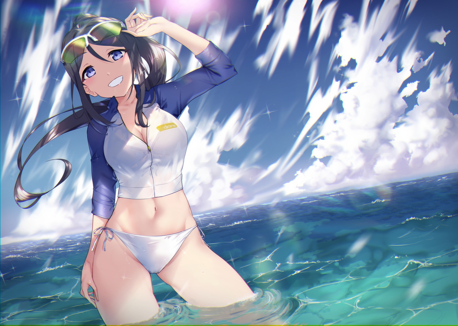 bikini, blue_eyes, brown_hair, cameltoe, clouds, long_hair, love_live!_school_idol_project, love_live!_sunshine!!