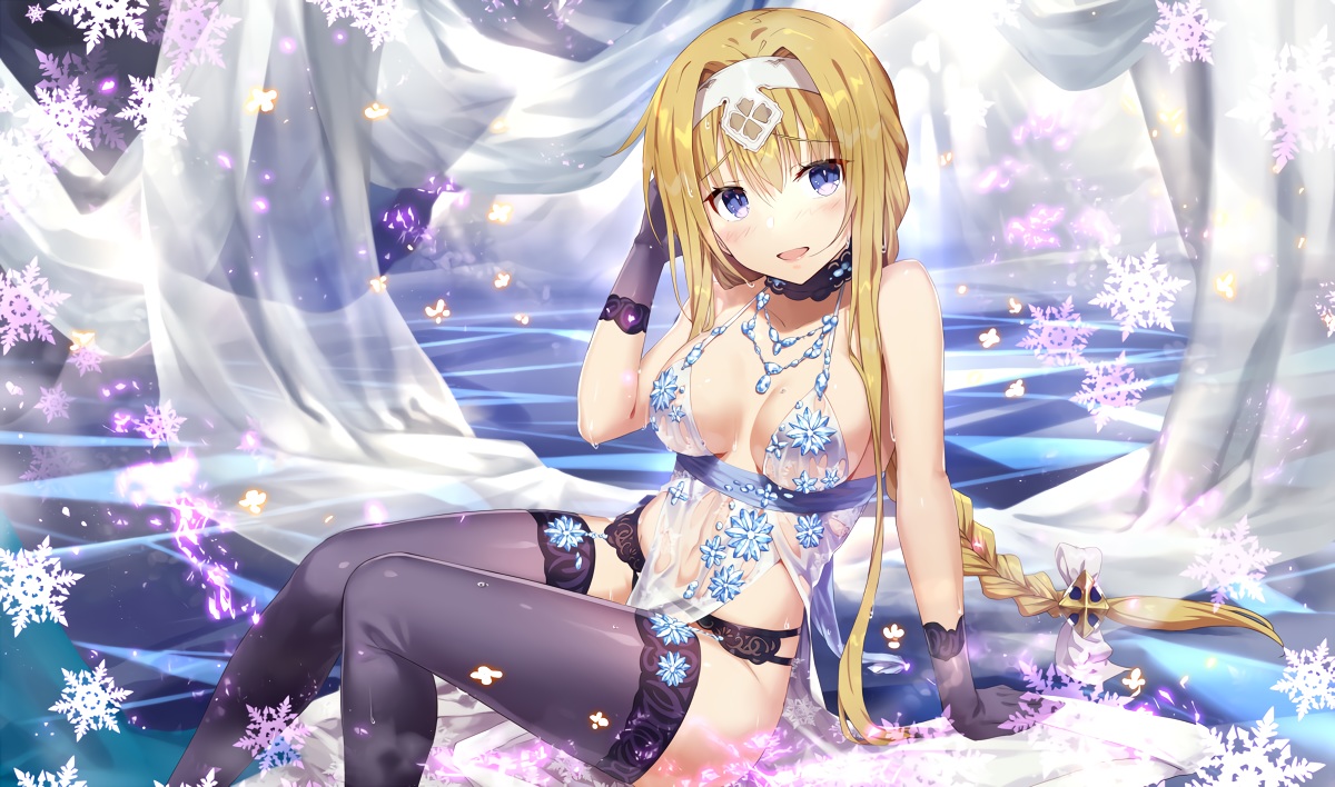 alice_zuberg, blonde_hair, blush, braids, cosplay, dress, fate/grand_order, fate_(series), gabiran, garter_belt, gloves, headband, long_hair, ponytail, purple_eyes, stockings, sword_art_online, wet