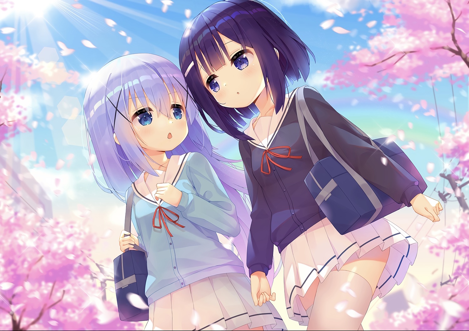 2girls, aqua_eyes, fuiba_fuyu, gochuumon_wa_usagi_desu_ka?, kafuu_chino, loli, long_hair, purple_hair