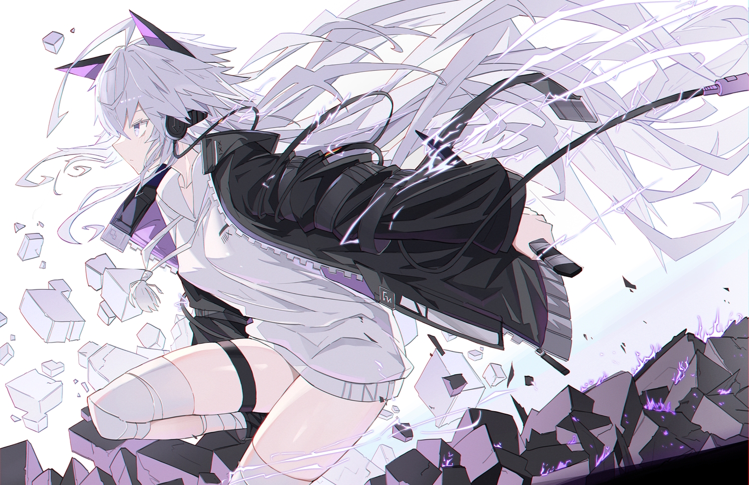 animal_ears, headphones, long_hair, original, polychromatic, verslll, weapon, white_hair