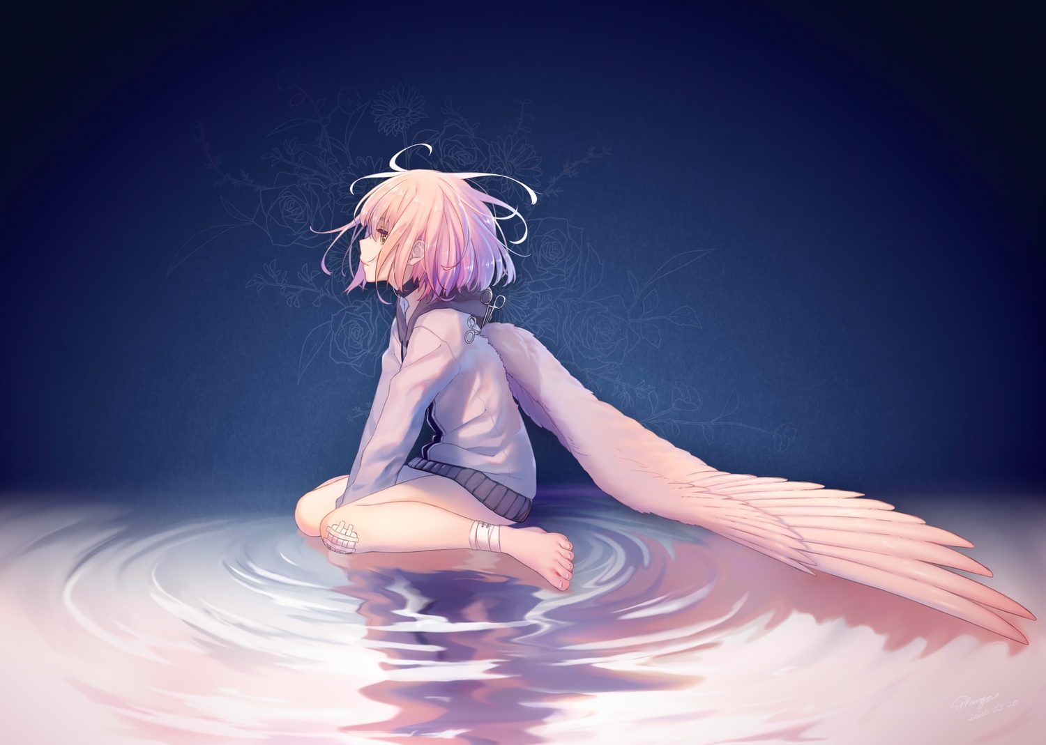 angel, bandage, bandaid, barefoot, brown_eyes, collar, hood, nana_mikoto