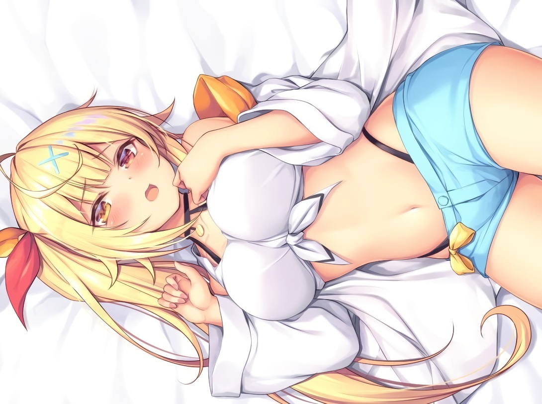 bicolored_eyes, blonde_hair, blush, breast_hold, brown_eyes, hoshikawa_sara, long_hair, mutsuba_fumi, navel, nijisanji, ponytail, shorts, yellow_eyes