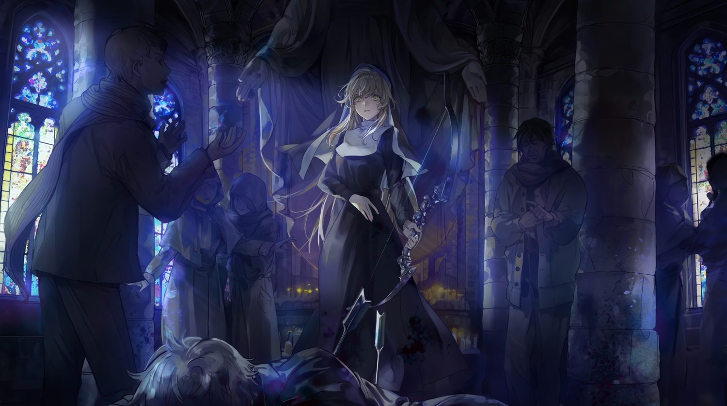 bianca_(pgr), blonde_hair, bow_(weapon), cropped, dark, long_hair, noir_(ibaraki), nun