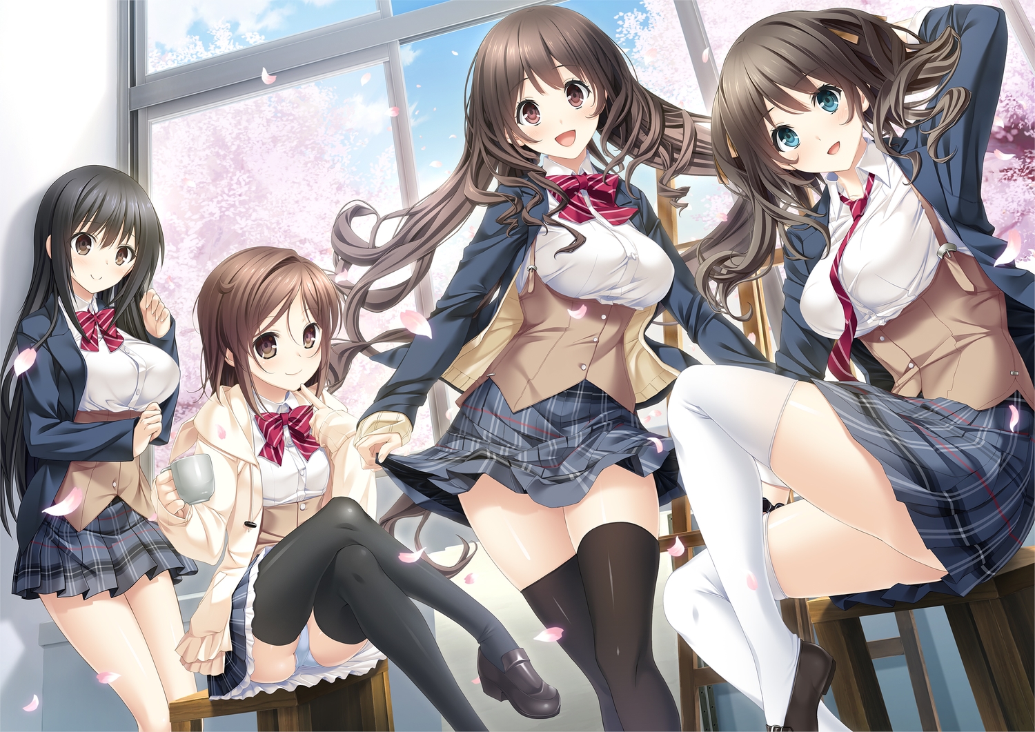 aikawa_arisa_(kiss_ato), black_hair, blush, bow, brown_eyes, brown_hair, cherry_blossoms, drink