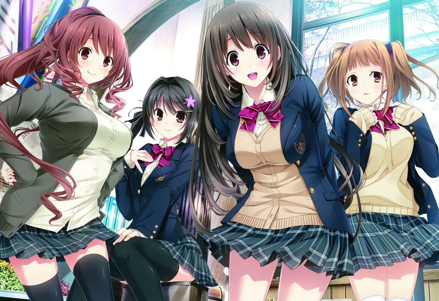 black_hair, blush, bow, breast_hold, brown_eyes, brown_hair, giga, kajiya_ayano