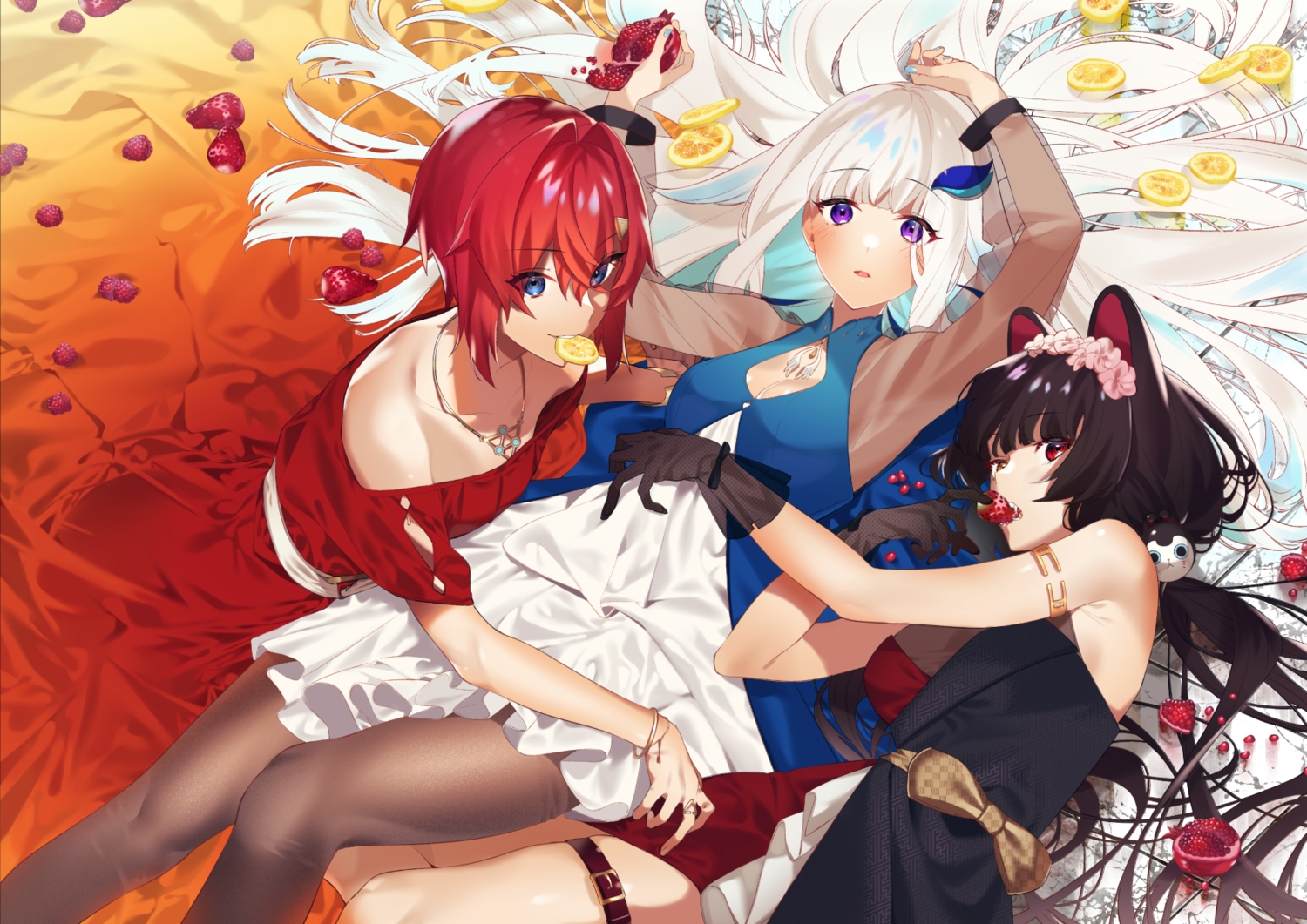 aliasing, ange_katrina, animal_ears, bicolored_eyes, black_hair, blue_eyes, doggirl, dress