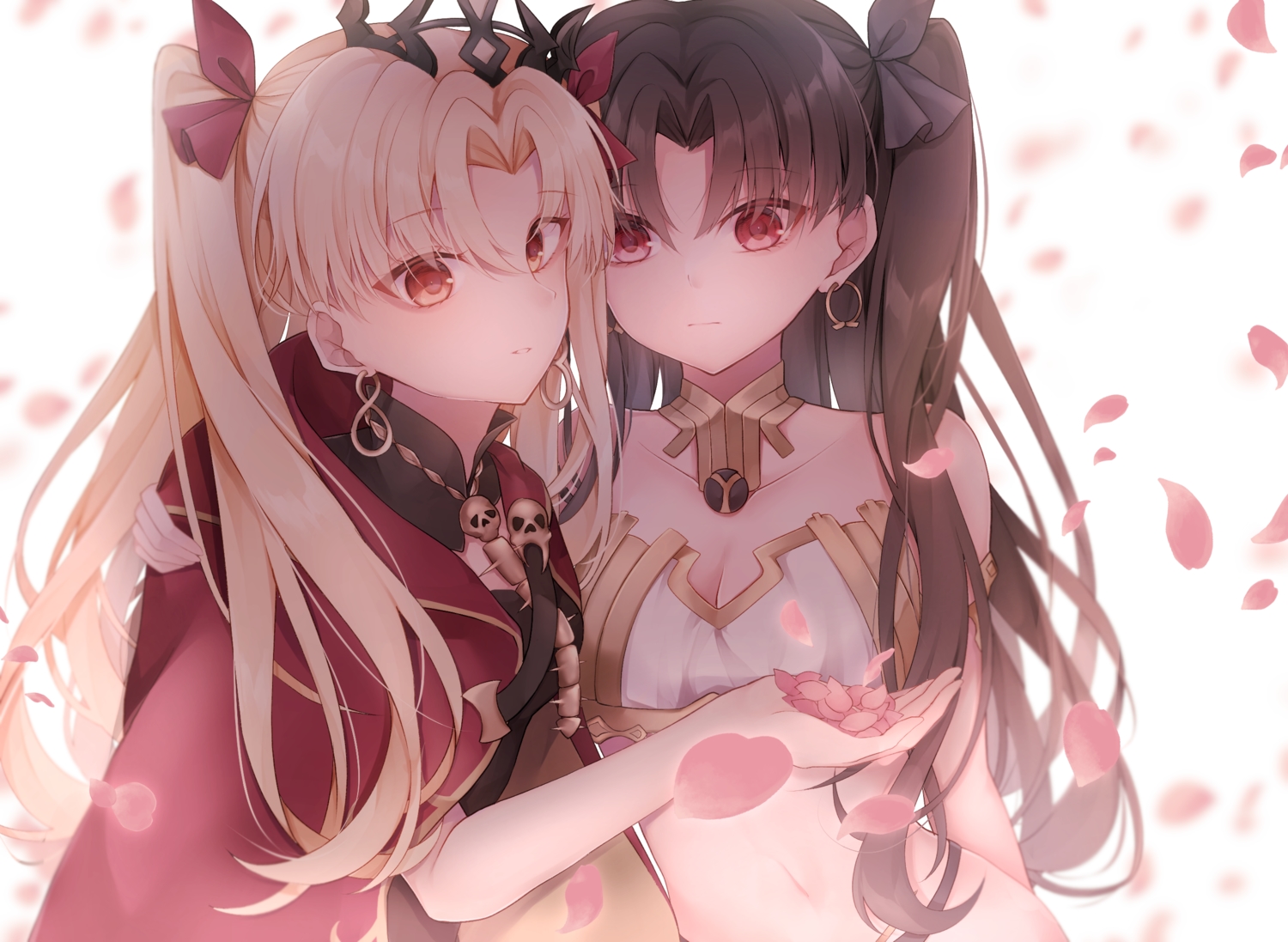 2girls, blonde_hair, brown_hair, cape, ereshkigal_(fate/grand_order), fate/grand_order, fate_(series), ishtar_(fate/grand_order)