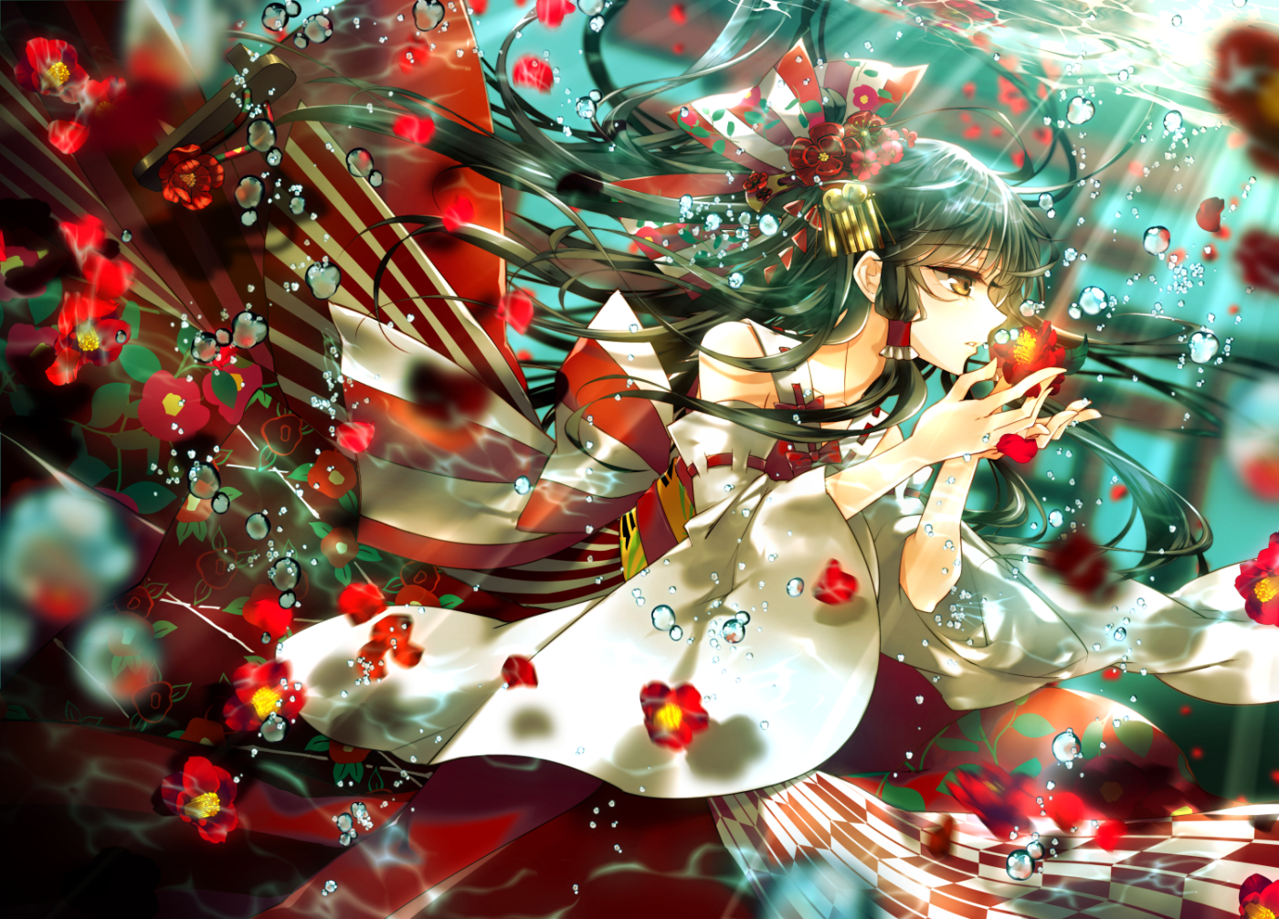 bubbles, flowers, hakurei_reimu, japanese_clothes, lilithbloody, miko, touhou, underwater