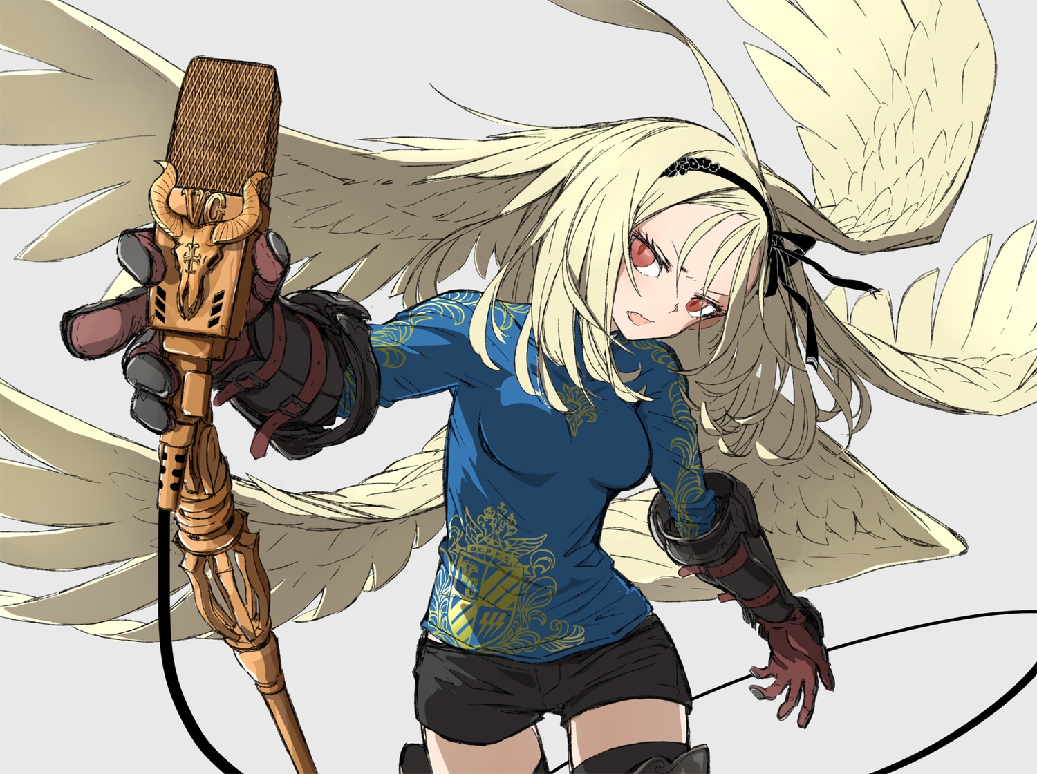 arakawa_(aintnoroom), gloves, microphone, original, shorts, sketch, wings, zettai_ryouiki