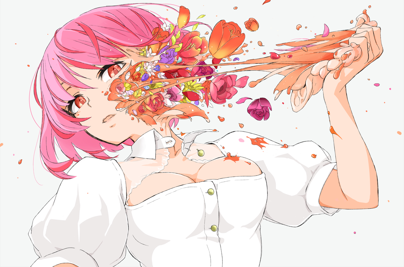 arakawa_(aintnoroom), breasts, cleavage, close, flowers, original, pink_hair, red_eyes