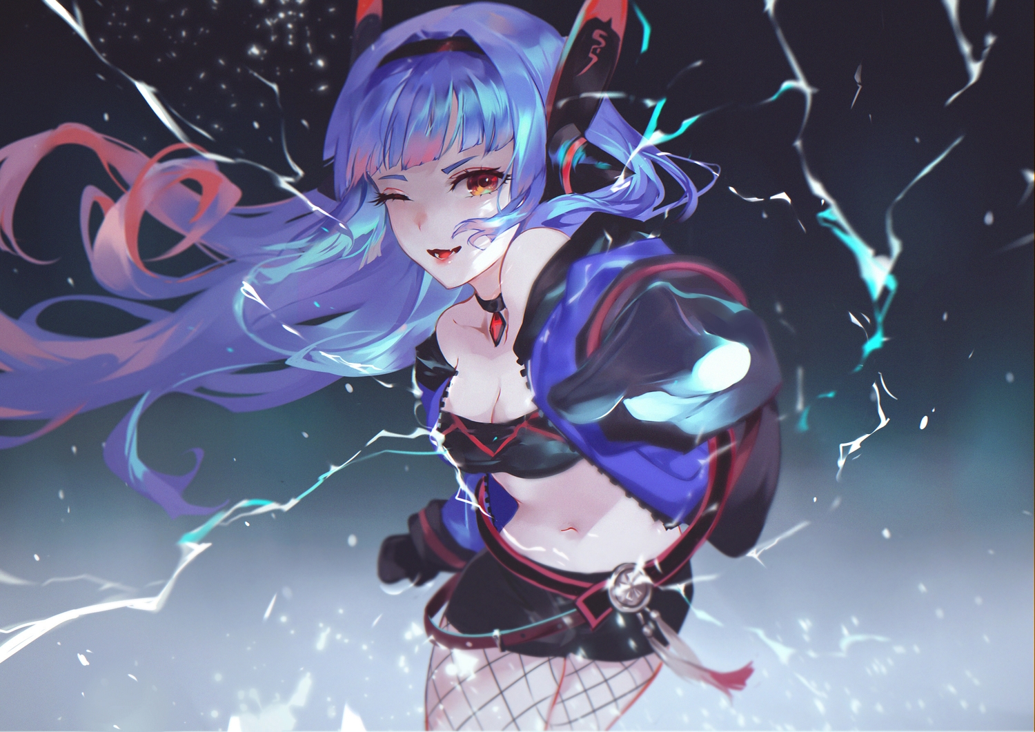 breasts, challenger_dominiel, cleavage, epic7, gloves, gradient, long_hair, magic, orange_eyes, purple_hair, vardan