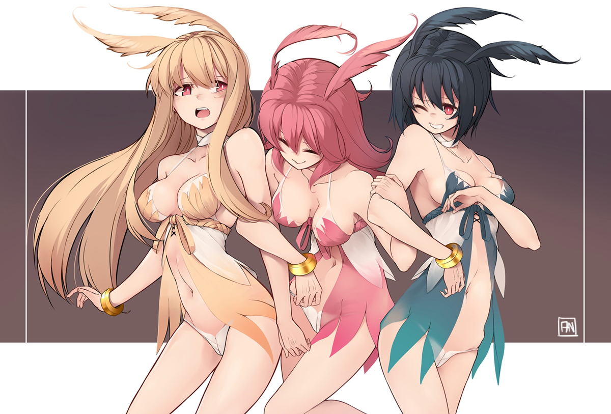 angry_num, black_hair, blonde_hair, fate/grand_order, fate_(series), hildr_(fate/grand_order), long_hair, navel, ortlinde_(fate/grand_order), panties, pink_eyes, pink_hair, short_hair, signed, thrud_(fate/grand_order), underwear, wink