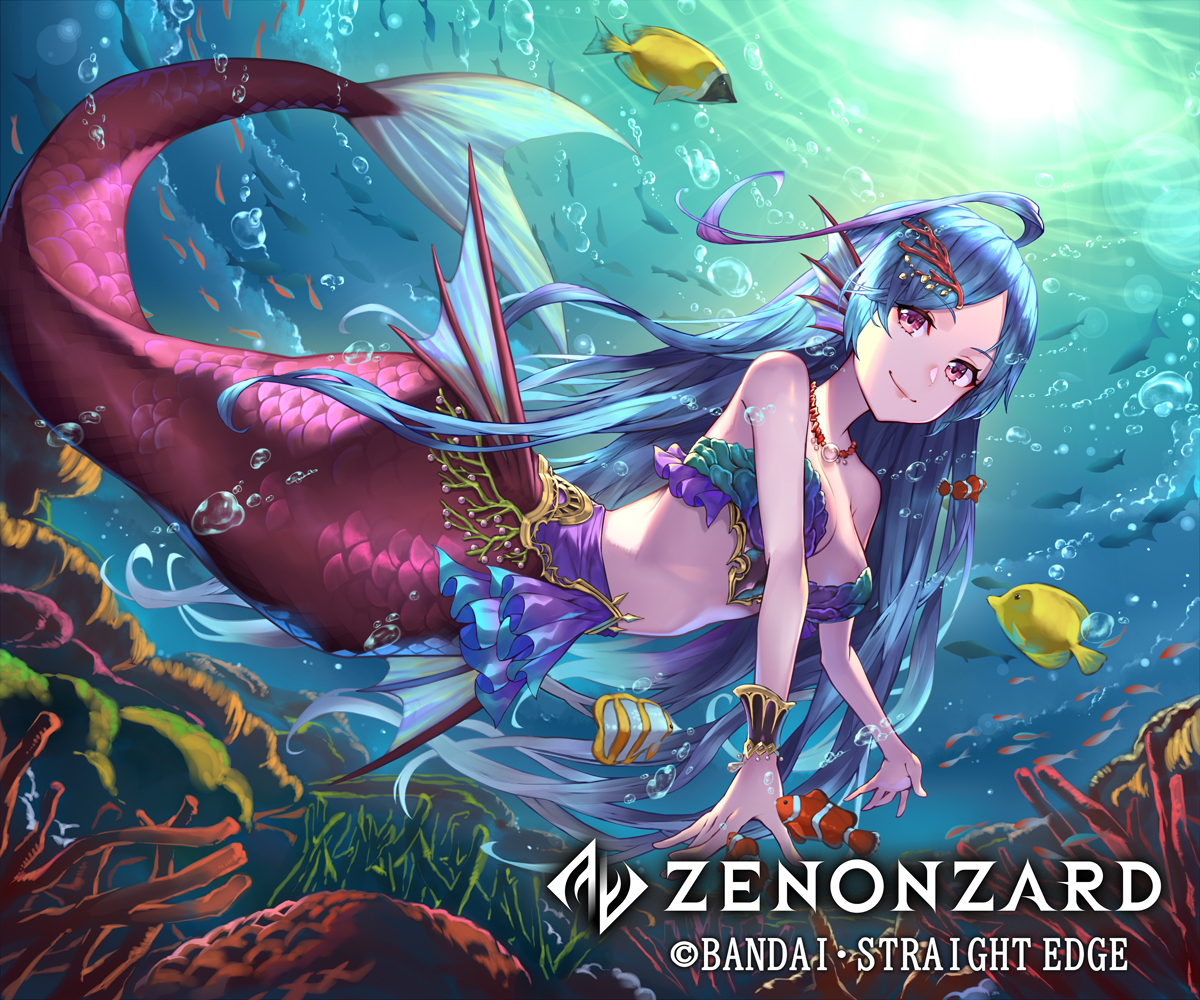 animal, blue_hair, bubbles, essual_(layer_world), fish, logo, long_hair, mermaid