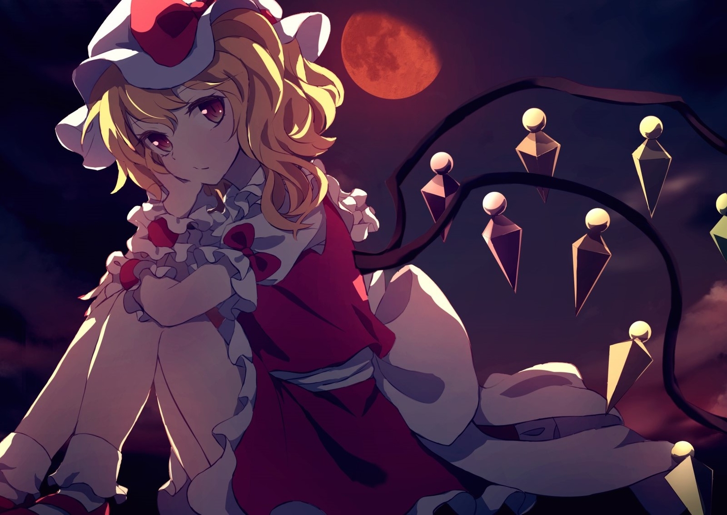 blonde_hair, dise, flandre_scarlet, moon, ponytail, red_eyes, touhou, vampire