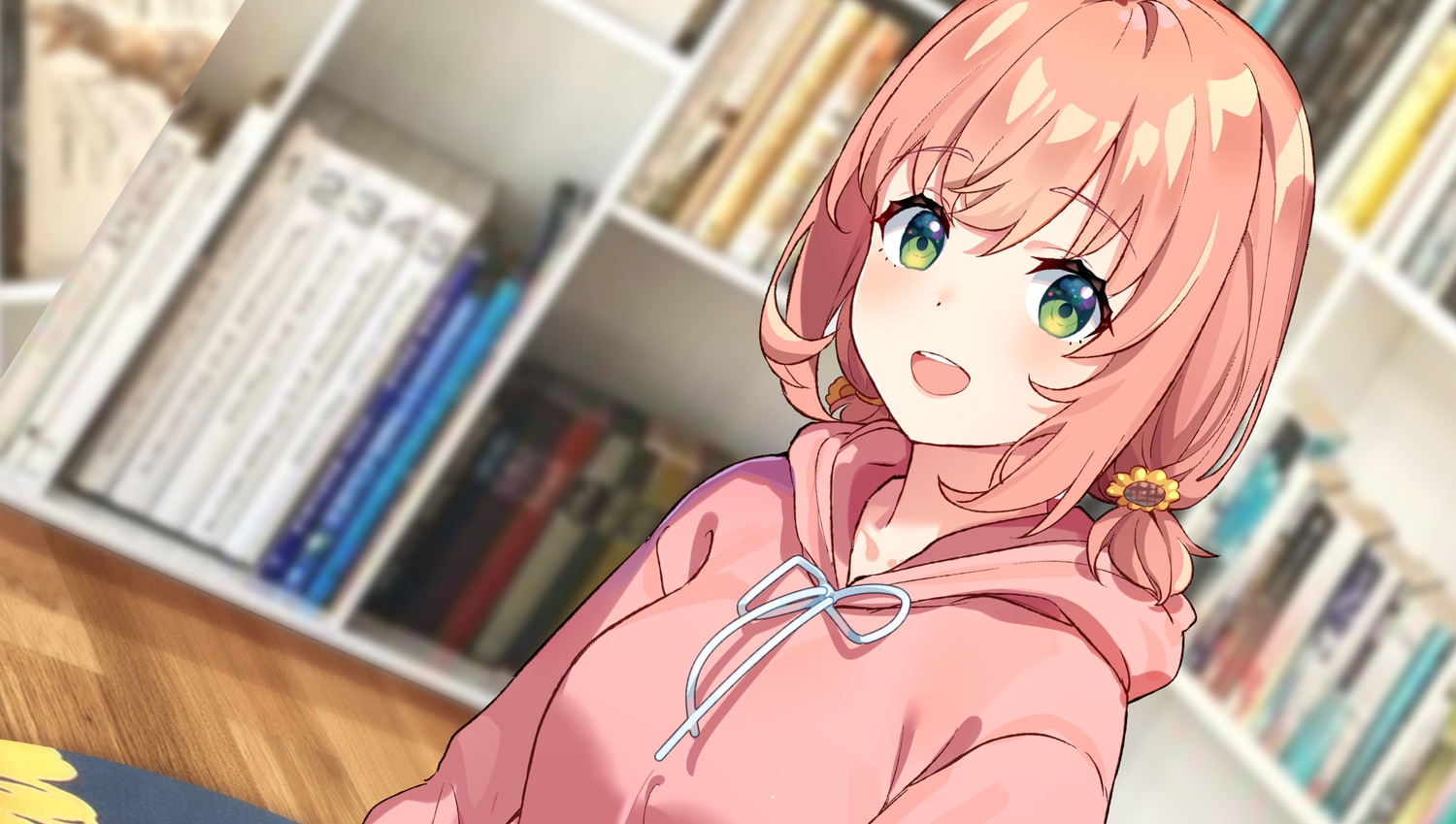aliasing, book, close, green_eyes, honma_himawari, hood, kongbai, nijisanji