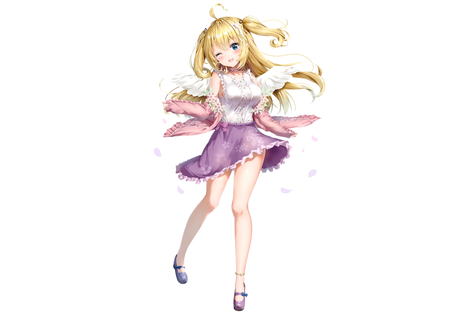 aogiri_koukou, blonde_hair, blue_eyes, blush, kuria_(clear_trip_second), long_hair, minazuki_natsuki, skirt, third-party_edit, white, wings, wink