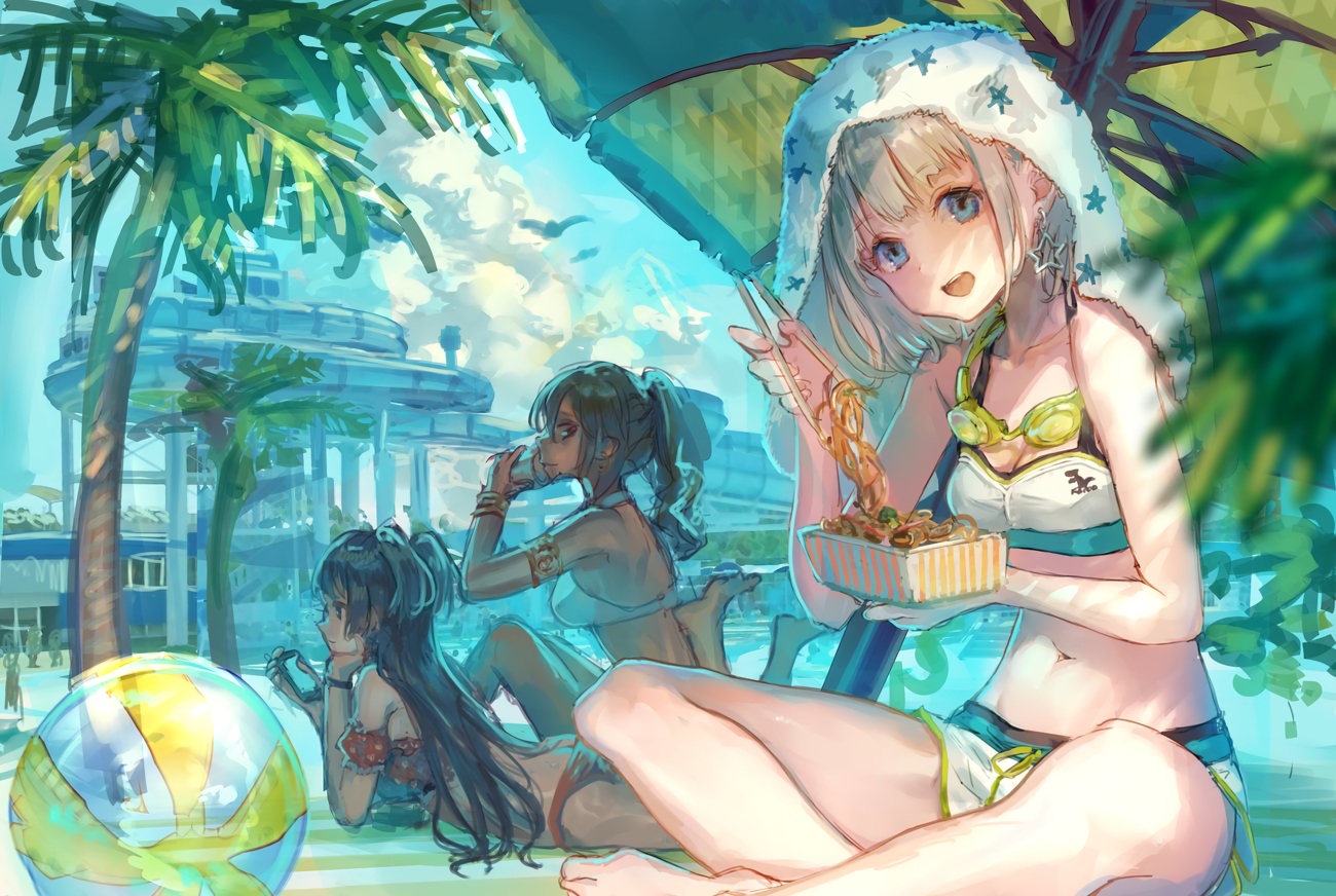 ball, bikini, dark_skin, food, goggles, idolmaster, idolmaster_shiny_colors, izumi_mei