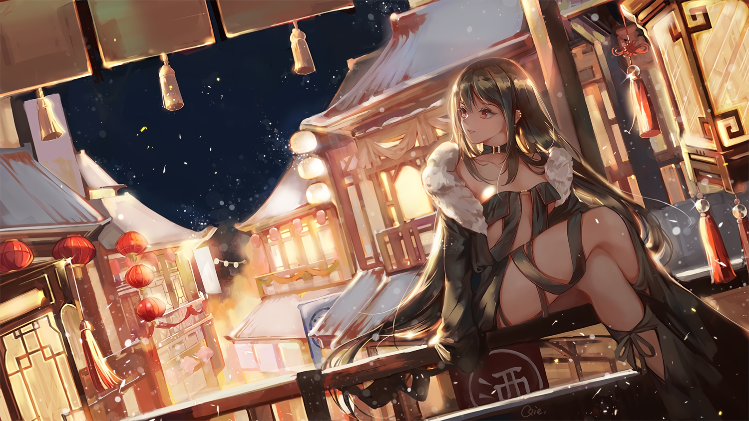 building, consort_yu_(fate), fate/grand_order, fate_(series), long_hair, qie_(25832912), red_eyes, signed, sky, waifu2x, winter