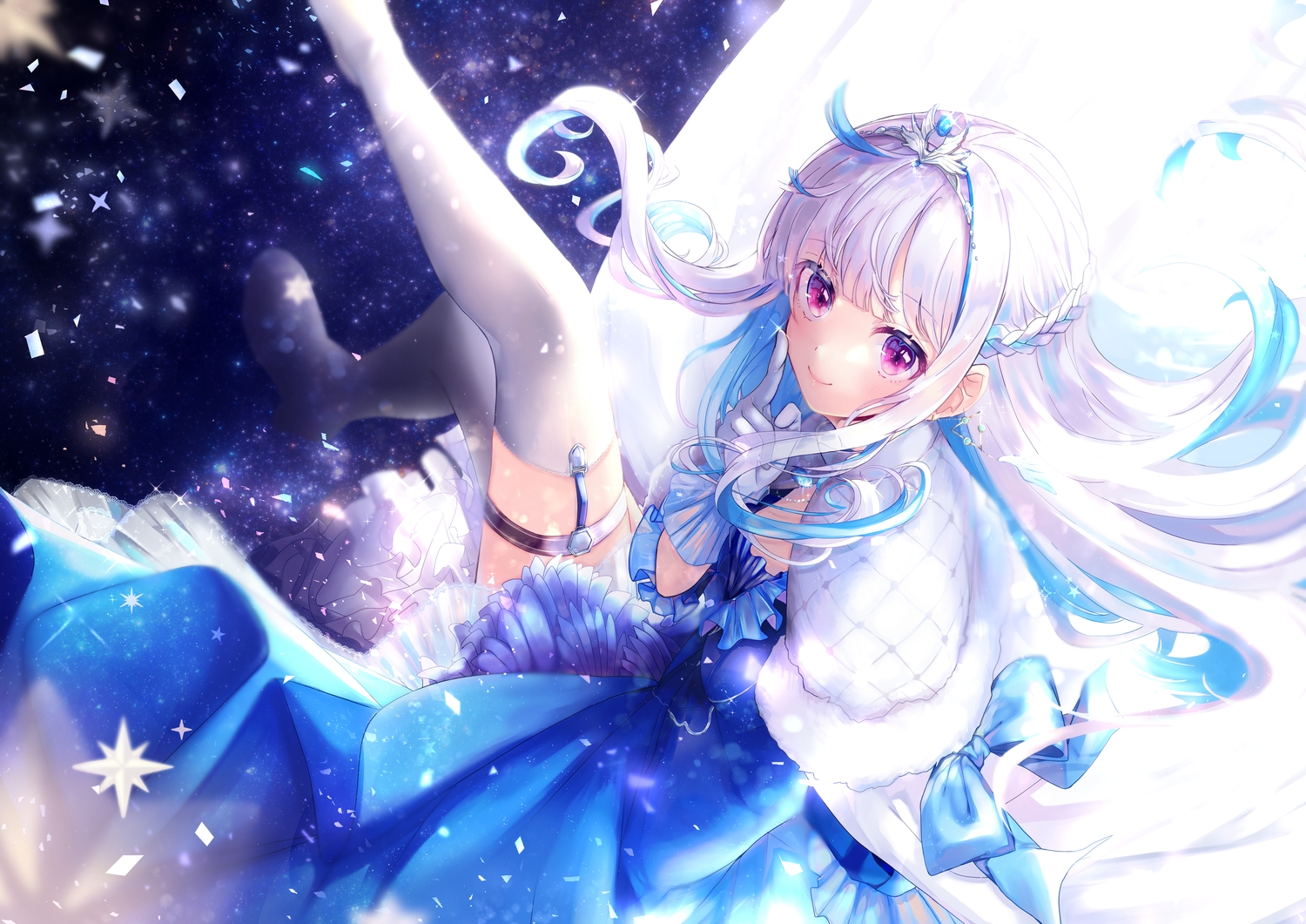 blush, braids, dress, gloves, lize_helesta, long_hair, nijisanji, purple_eyes