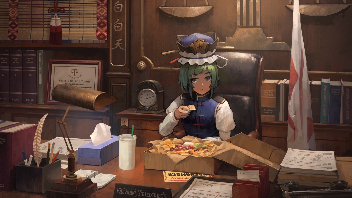 book, drink, food, mikado_(winters), shiki_eiki, touhou