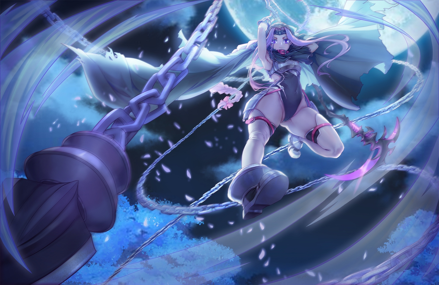 armor, cameltoe, cape, chain, fate/grand_order, fate_(series), leotard, long_hair, medusa_(lancer)_(fate), purple_eyes, purple_hair, rider, theleopardcat, thighhighs, weapon