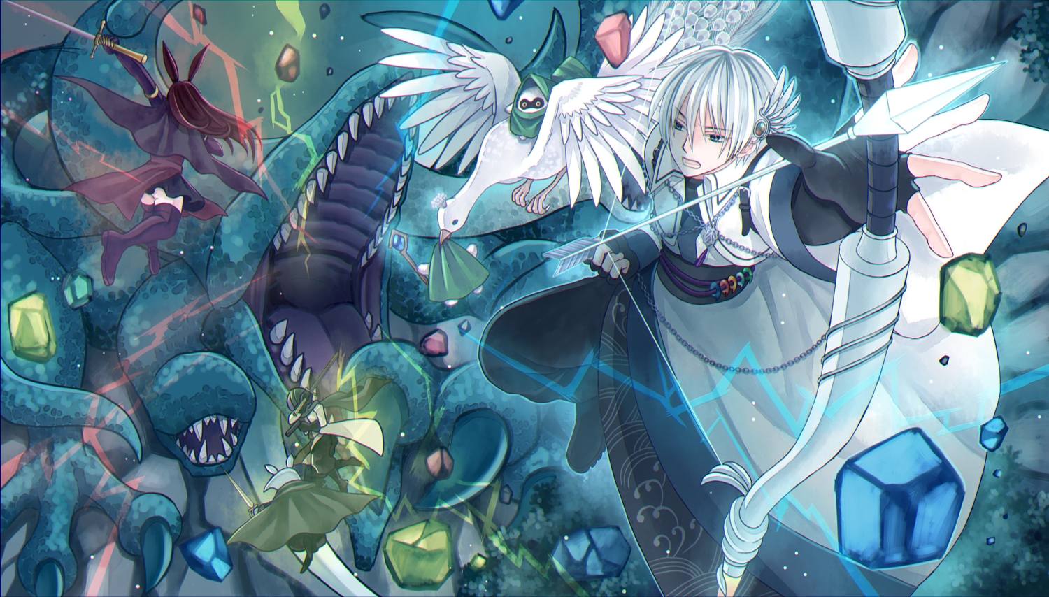 animal, bird, bow_(weapon), gray_hair, group, kisshou_mizuki, male, original, pixiv_fantasia, short_hair, weapon