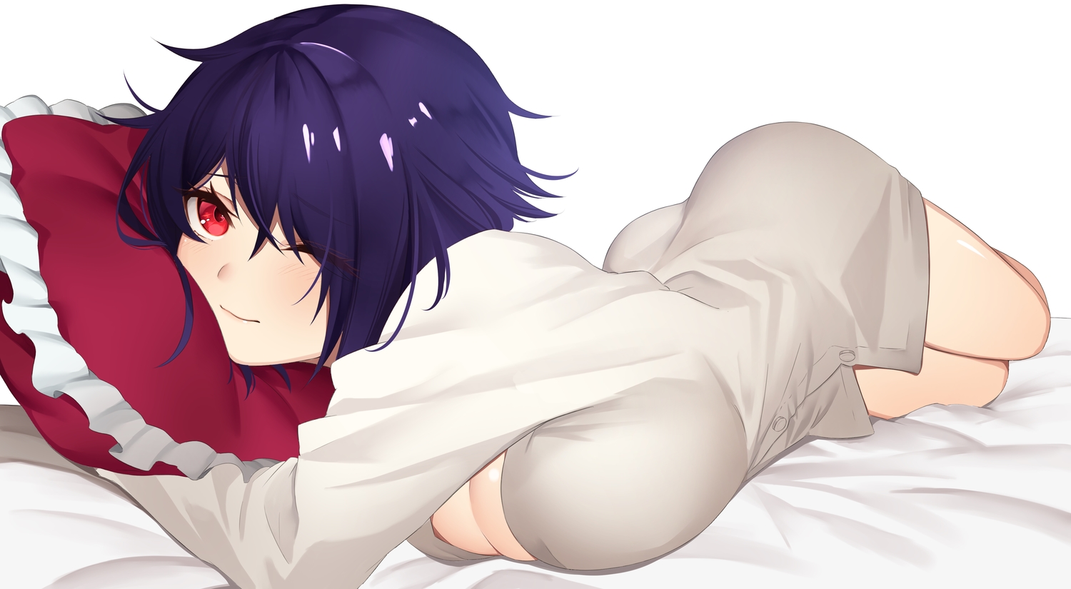 aogiri_koukou, ass, blue_hair, breasts, cleavage, naked_shirt, ontama_tamako, red_eyes, short_hair, tagme_(artist), wink