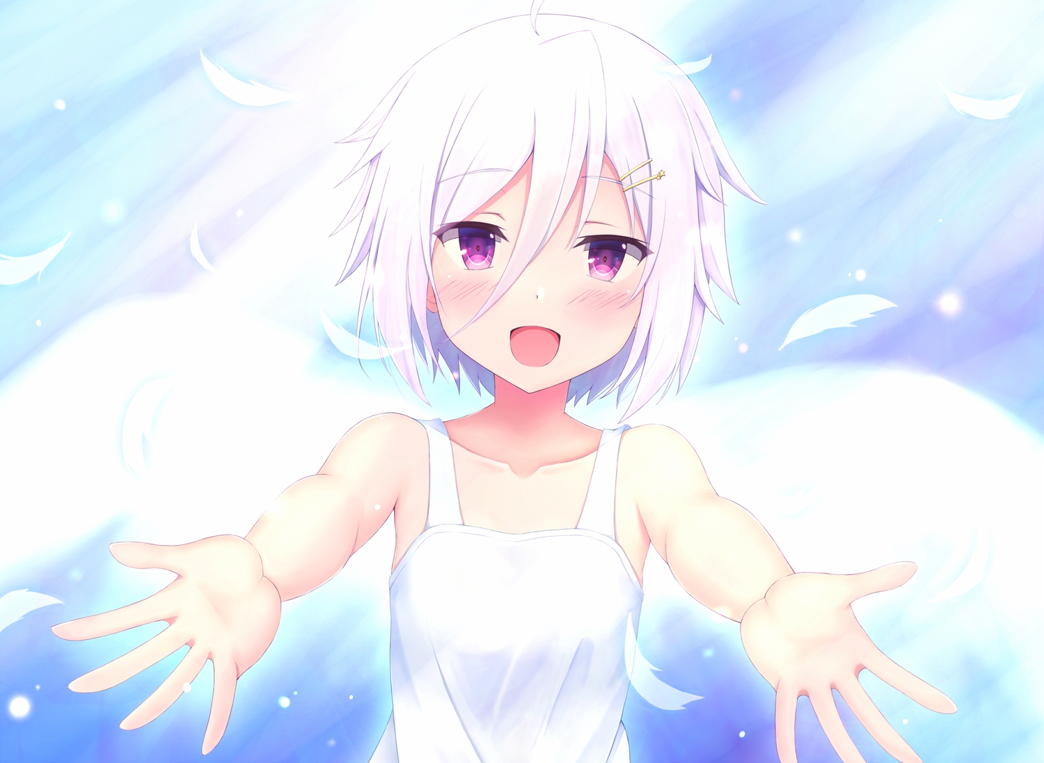 blush, dress, feathers, flat_chest, itomi_sayaka, natsu_(927013), purple_eyes, short_hair