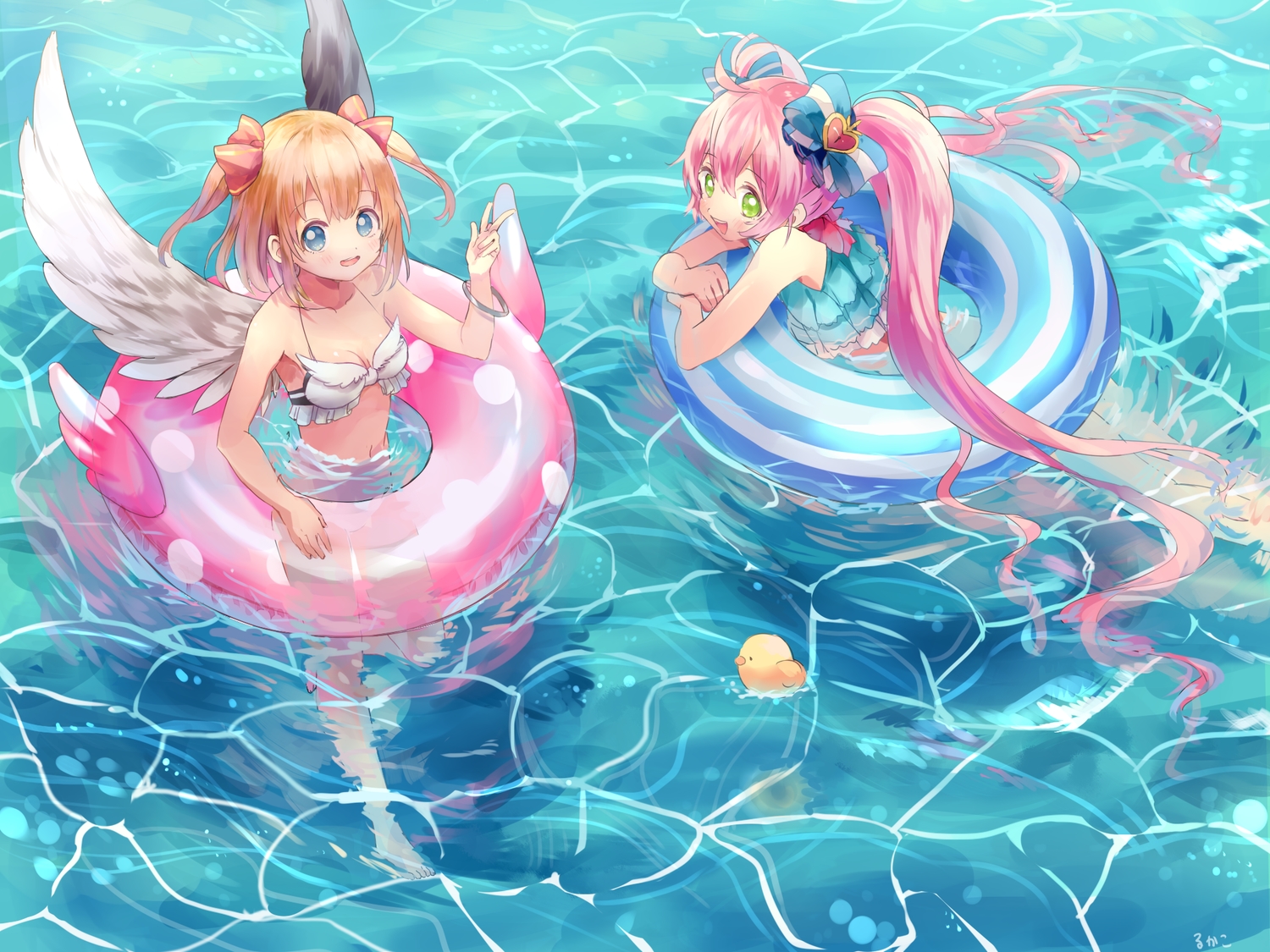 2girls, bikini, blonde_hair, bow, eshiria_(shironeko_project), green_eyes, long_hair, maaru_(shironeko_project), pink_hair, rucaco, shironeko_project, signed, swim_ring, swimsuit, twintails, water, wings