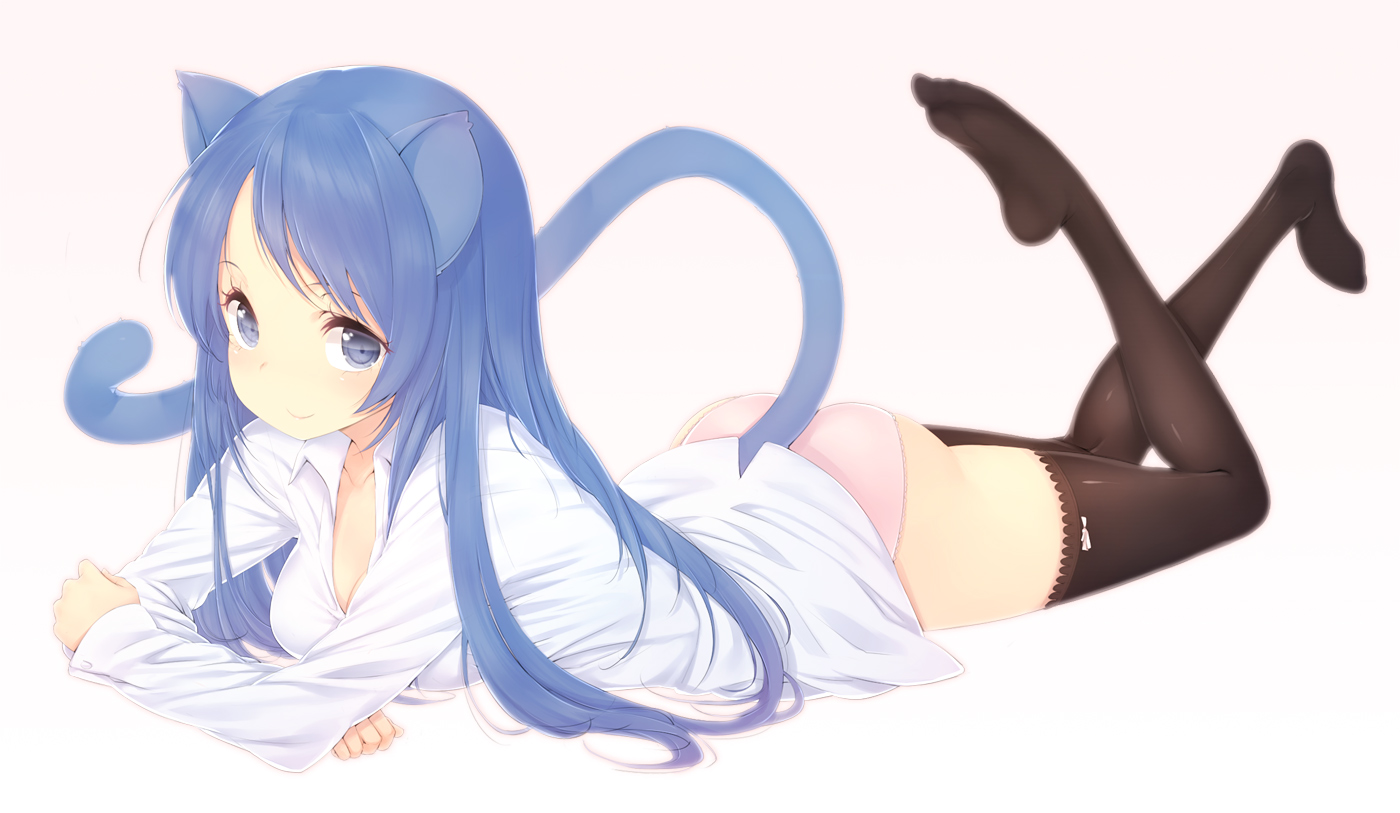 animal_ears, ass, blue_eyes, blue_hair, long_hair, original, panties, shirt