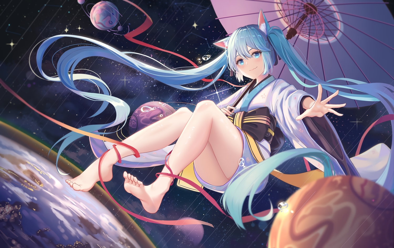 animal_ears, aqua_eyes, aqua_hair, barefoot, catgirl, earth, hatsune_miku, japanese_clothes