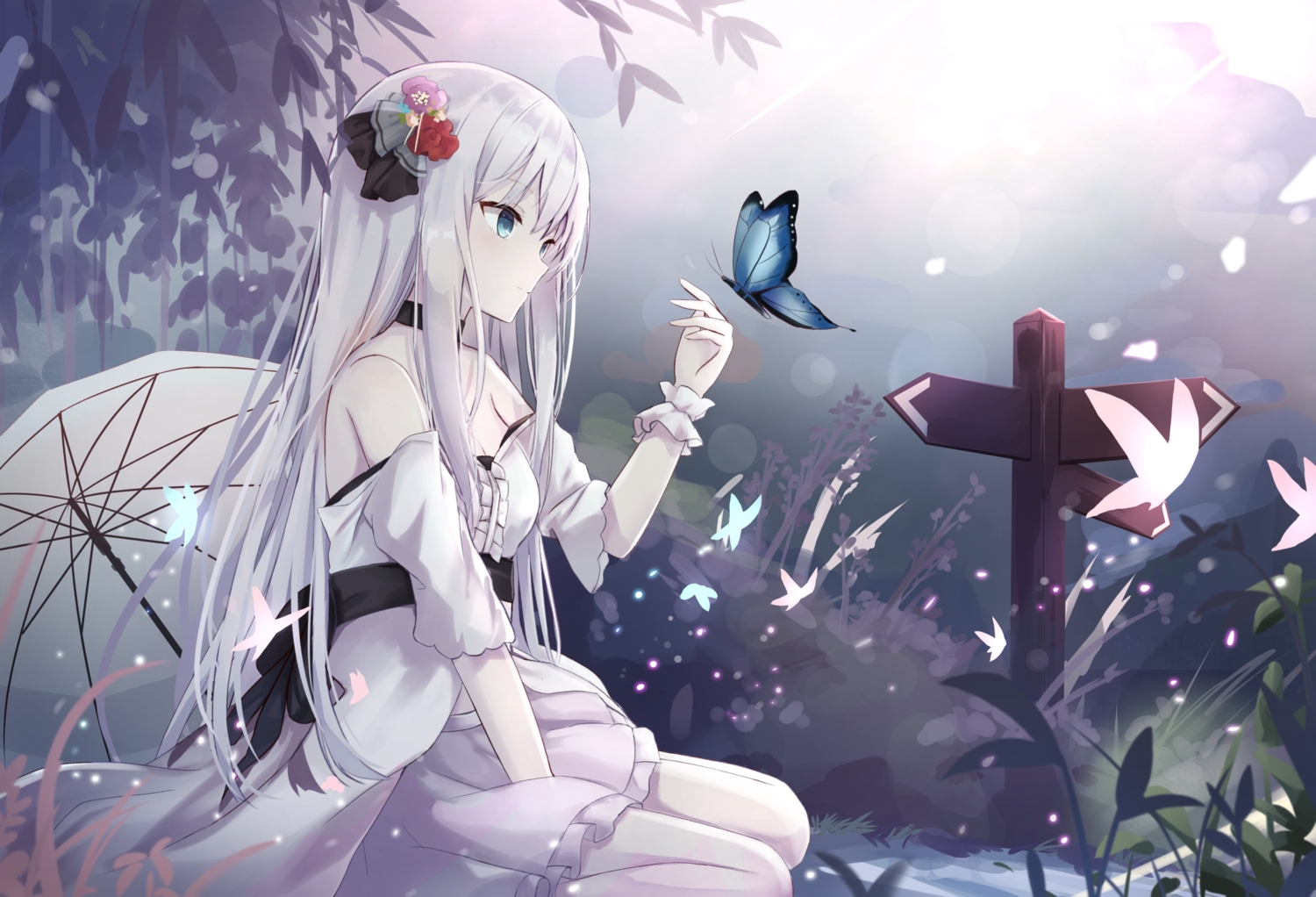 blue_eyes, butterfly, dress, long_hair, original, touhourh, umbrella, white_hair