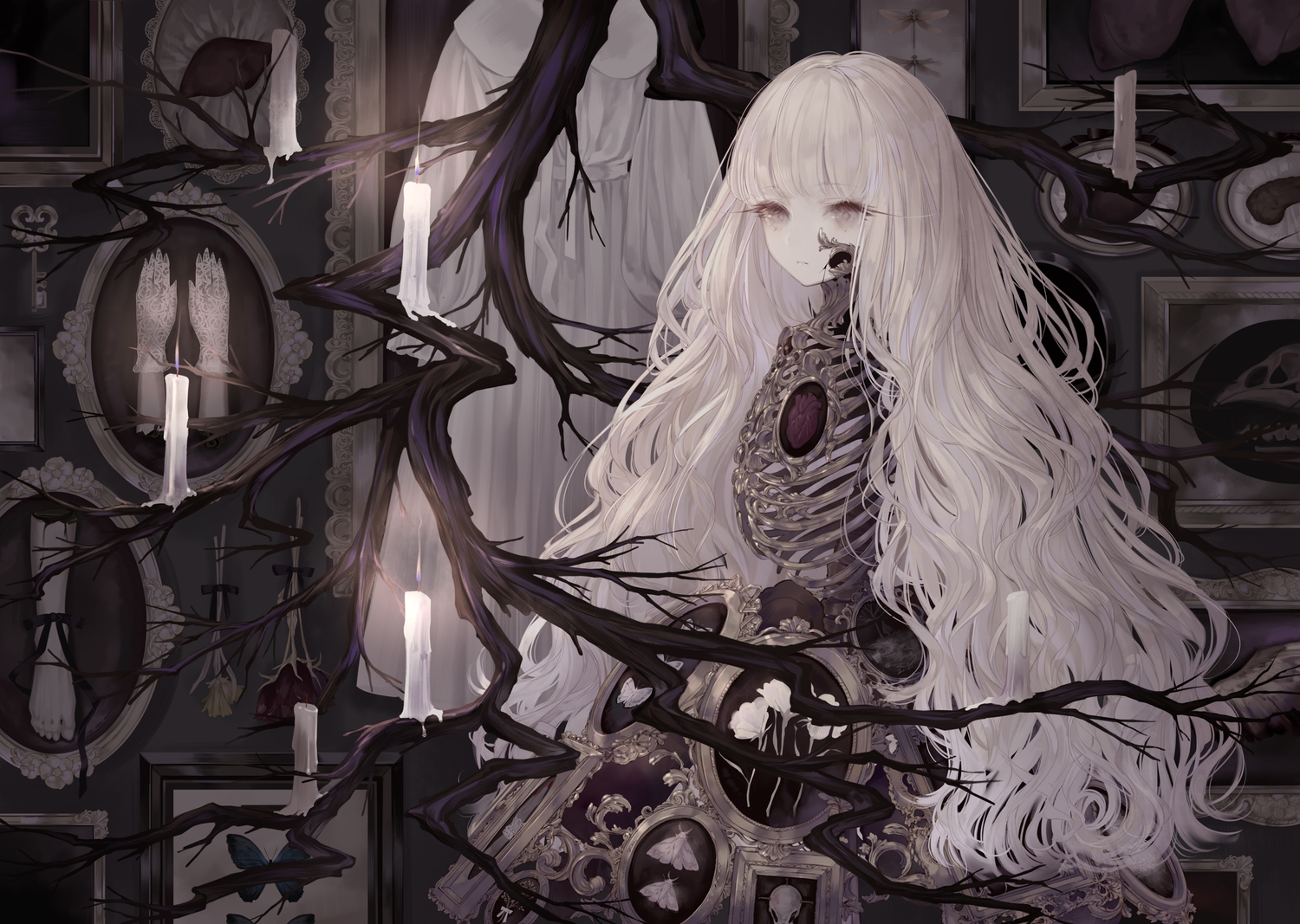 bones, dress, gray_eyes, long_hair, original, polychromatic, white_hair, yoggi_(stretchmen)