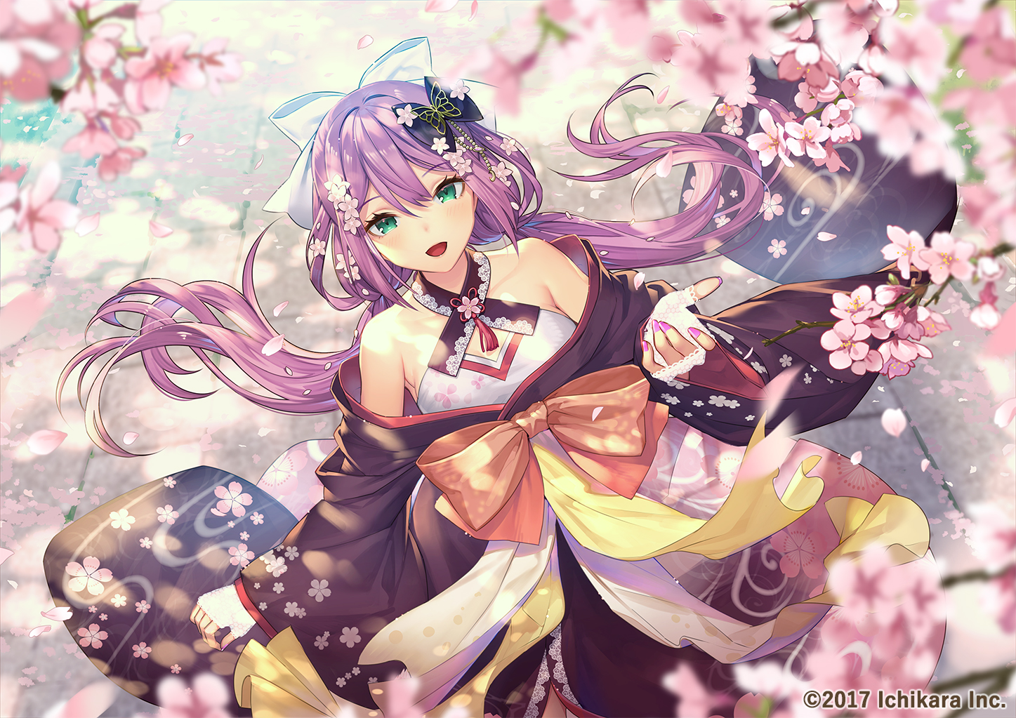 blush, cherry_blossoms, flowers, green_eyes, japanese_clothes, long_hair, nijisanji, purple_hair, sakura_ritsuki, twintails, umiu_geso