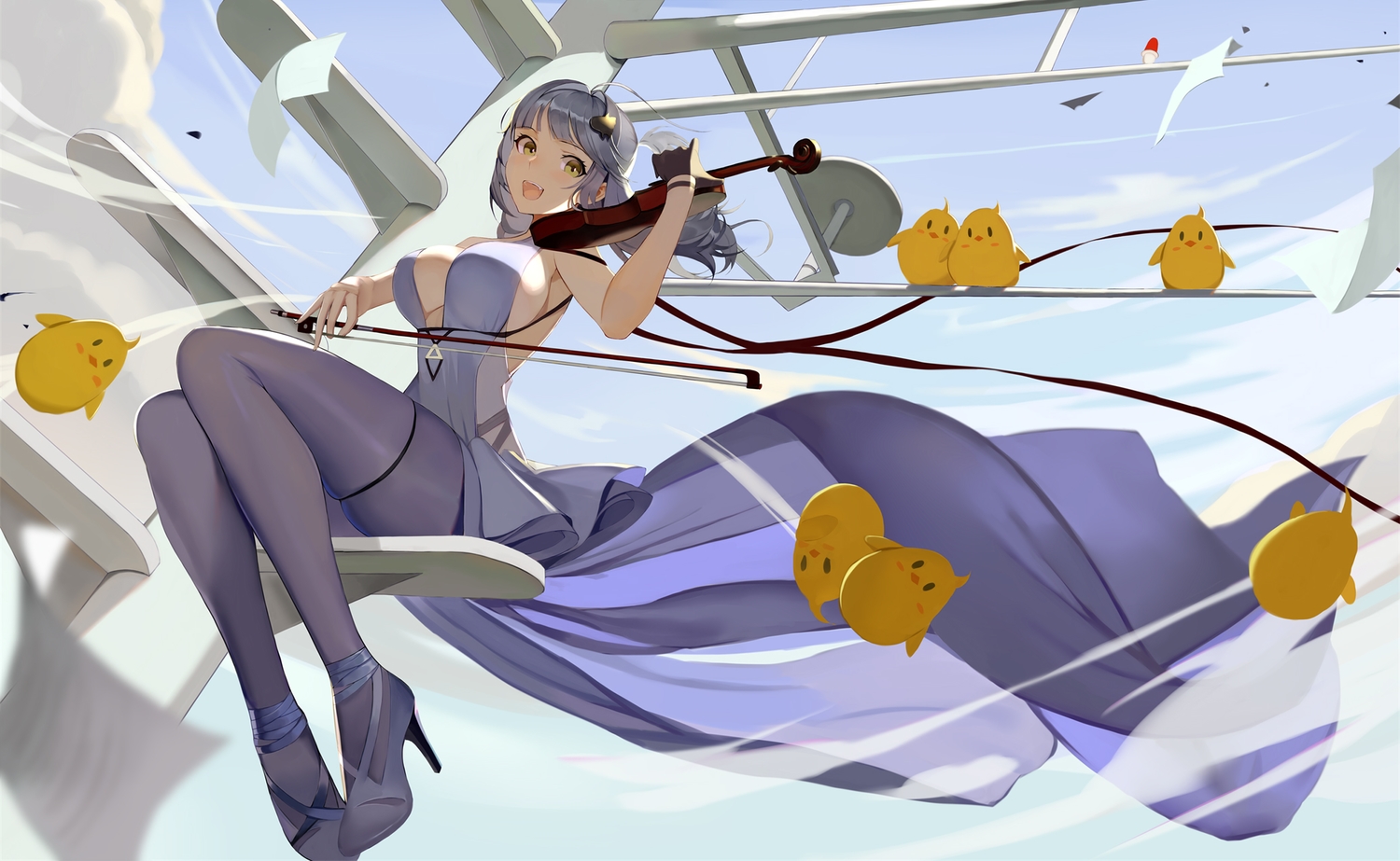 animal, anthropomorphism, azur_lane, bird, breasts, clouds, dress, fang
