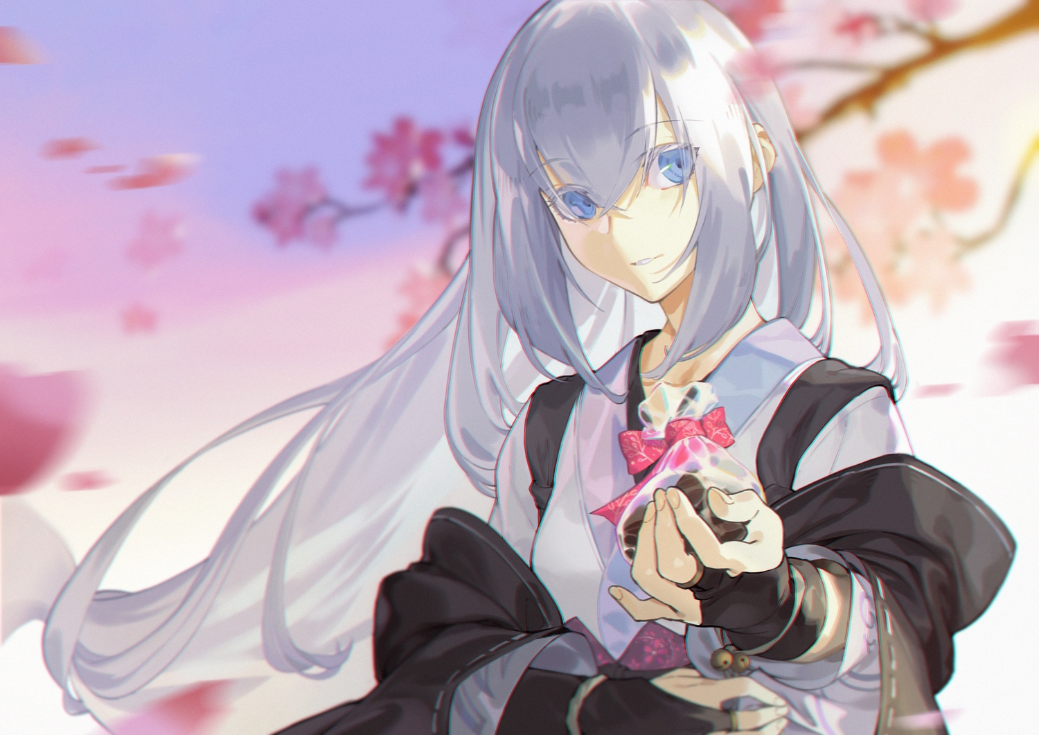 blue_eyes, candy, cherry_blossoms, chocolate, flowers, gloves, gray_hair, japanese_clothes, li_chunfu, long_hair, original, valentine