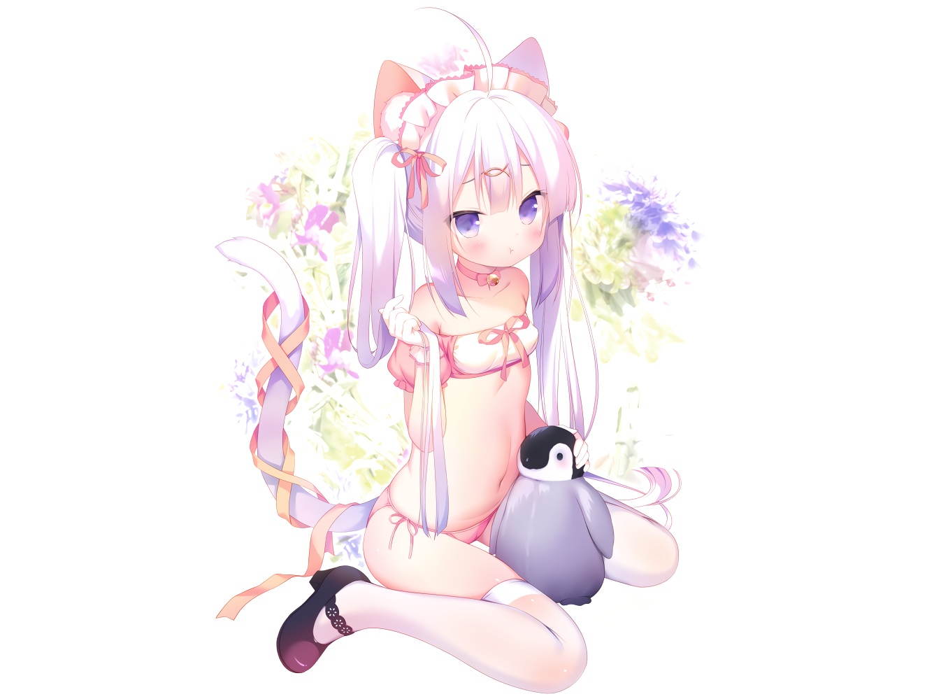 animal, animal_ears, bell, bird, blush, cameltoe, catgirl, choker, gloves, headband, loli, navel, original, panties, penguin, piyodera_mucha, purple_eyes, ribbons, tail, thighhighs, third-party_edit, twintails, underwear, white, white_hair