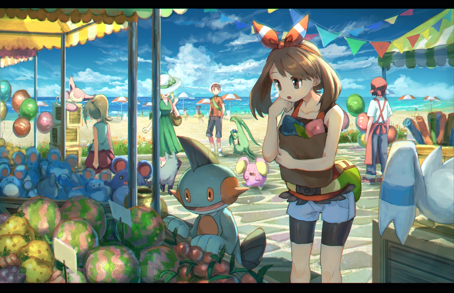 beach, grovyle, haruka_(pokemon), marill, marshtomp, pippi_(p3i2), pokemon, poochyena, skitty, whismur, wingull, yuuki_(pokemon)